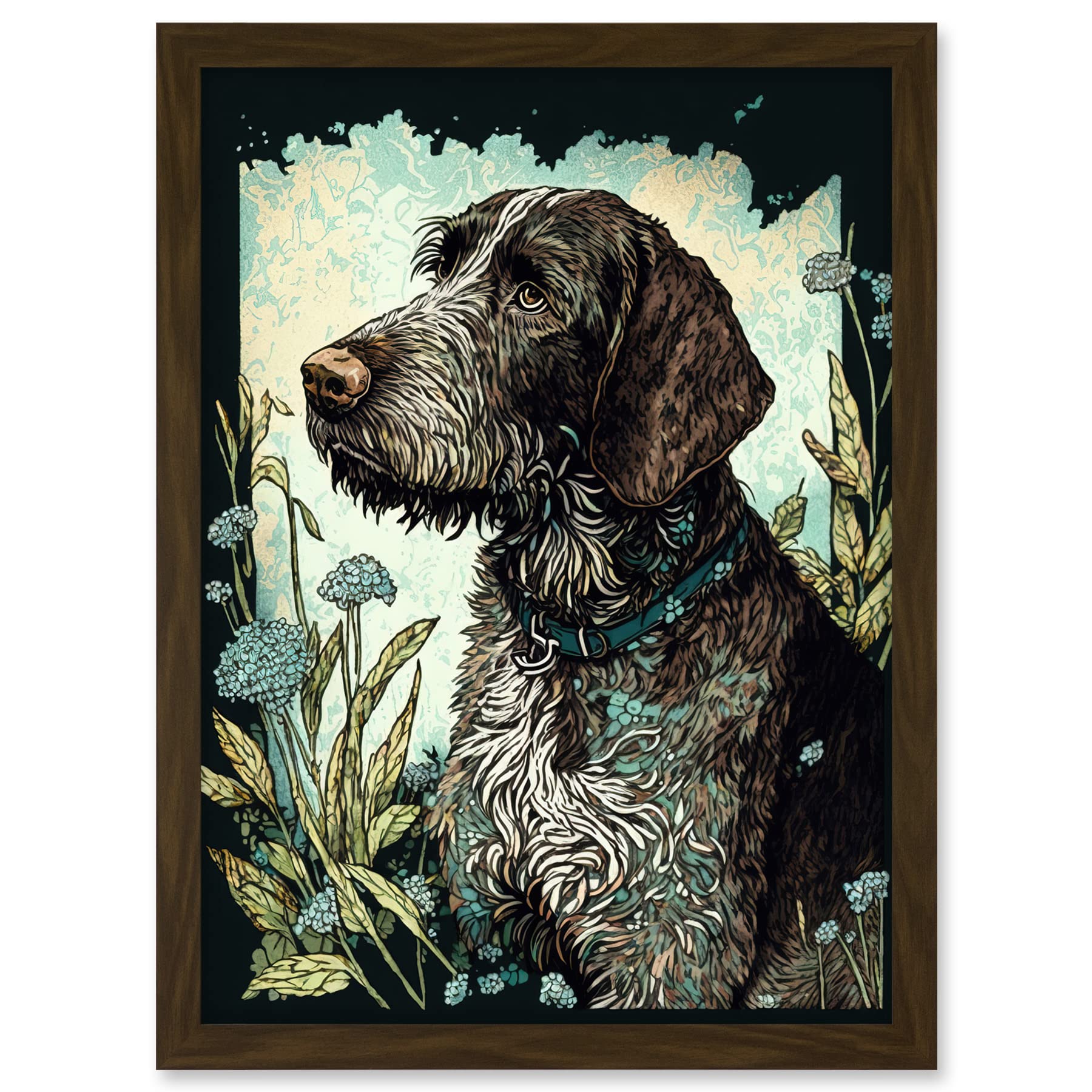 Artery8 German Wirehead Pointer Dog and Blue Wildflowers Modern Portrait Illustration Artwork Framed A3 Wall Art Print