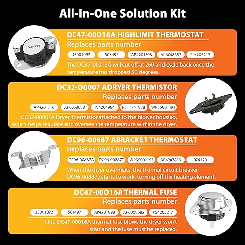 Miniatura 5 de 【Actualizado】DC47-00019A Elemento calefactor de secadora para Samsung DVE50R5200W/A3 DV45H7000EW/A2 DV40J3000EW/A2 DVE50M7450W/A3 DV42H5000EW/A3