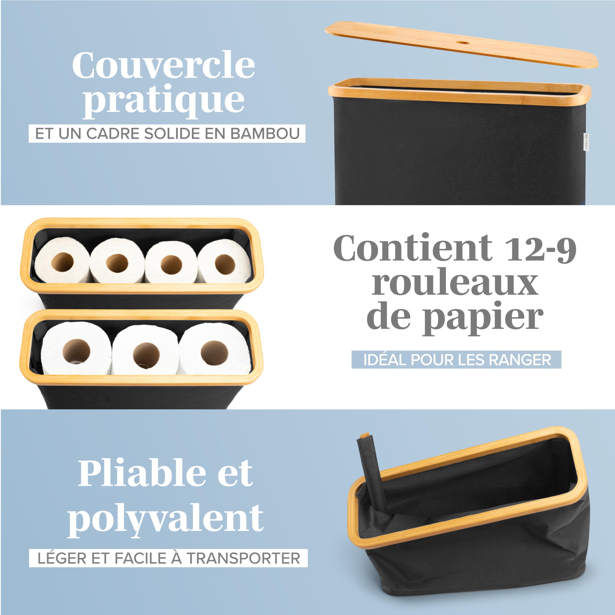 LONBET Rangement Papier Toilette pour 12 Rouleaux - Range Papier Toilette Pliable et Empilable avec Couvercle en Bambou - Organisateur de Salle de Bain Étanche et Élégant - Panier Papier WC Noir