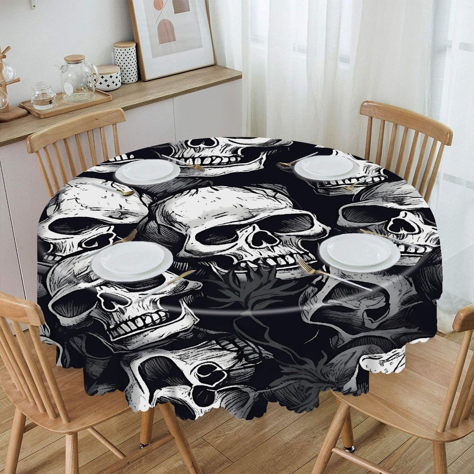 VstaDank Skulls Pattern Round Tablecloth Wipeable Round Polyester Tablecloth Waterproof Wrinkle Free Indoor and Outdoor Table Cover 60 Inch Decorative Farmhouse Table Cloth for Dining