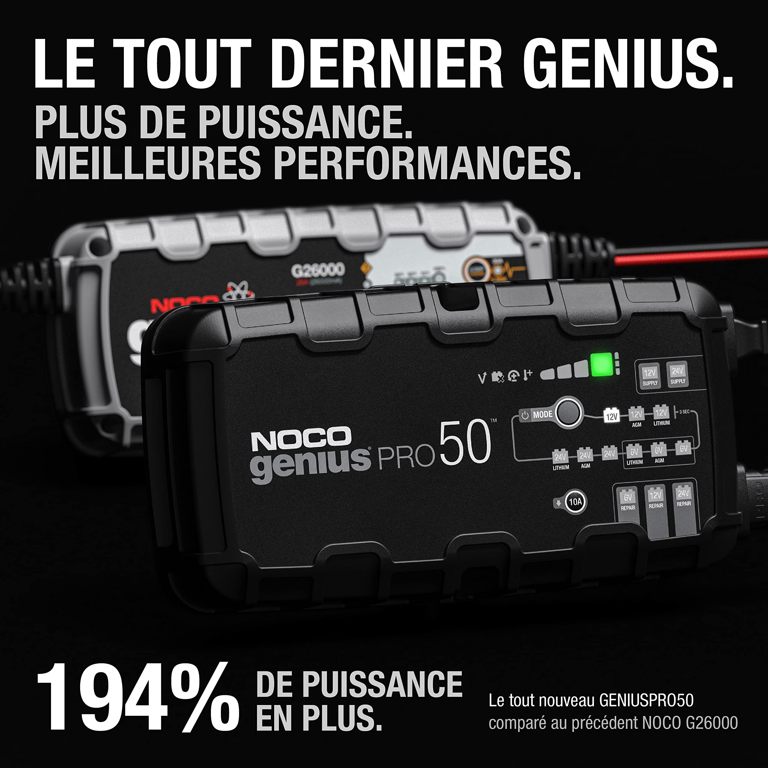 NOCO GENIUSPRO50 : Chargeur de Batterie Professionnel 50A 6V/12V/24V – Maintien, Désulfateur & Alimentation – Protection Surcharge & Compensation Thermique – pour Batteries Plomb & Lithium