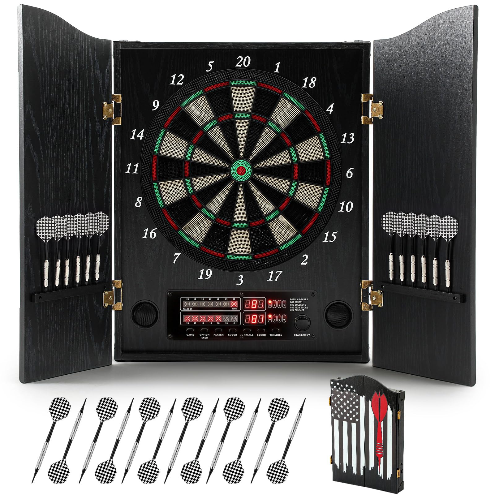 Arrowbash Elektronische Dartscheibe Schrank Set LED Elektronische Dartscheibe Holz Dartscheibe Schrank mit 8 Spielern 25 Spielen12 Soft Tip Darts 50 Ersatz für Erwachsene Familienspiel Keller Rec Room