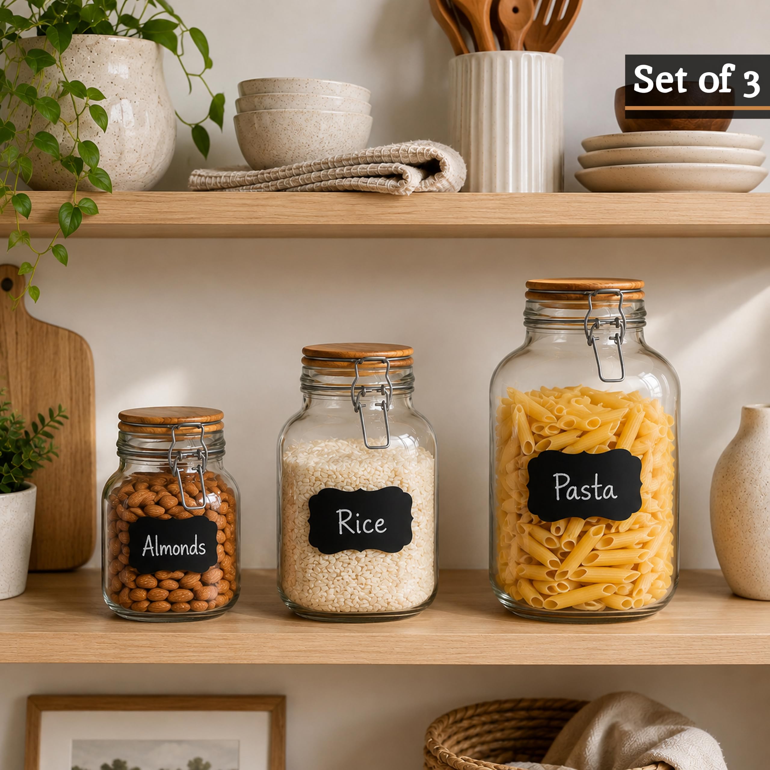 Premier Housewares - Set di 3 barattoli in vetro con coperchi in legno, ermetici