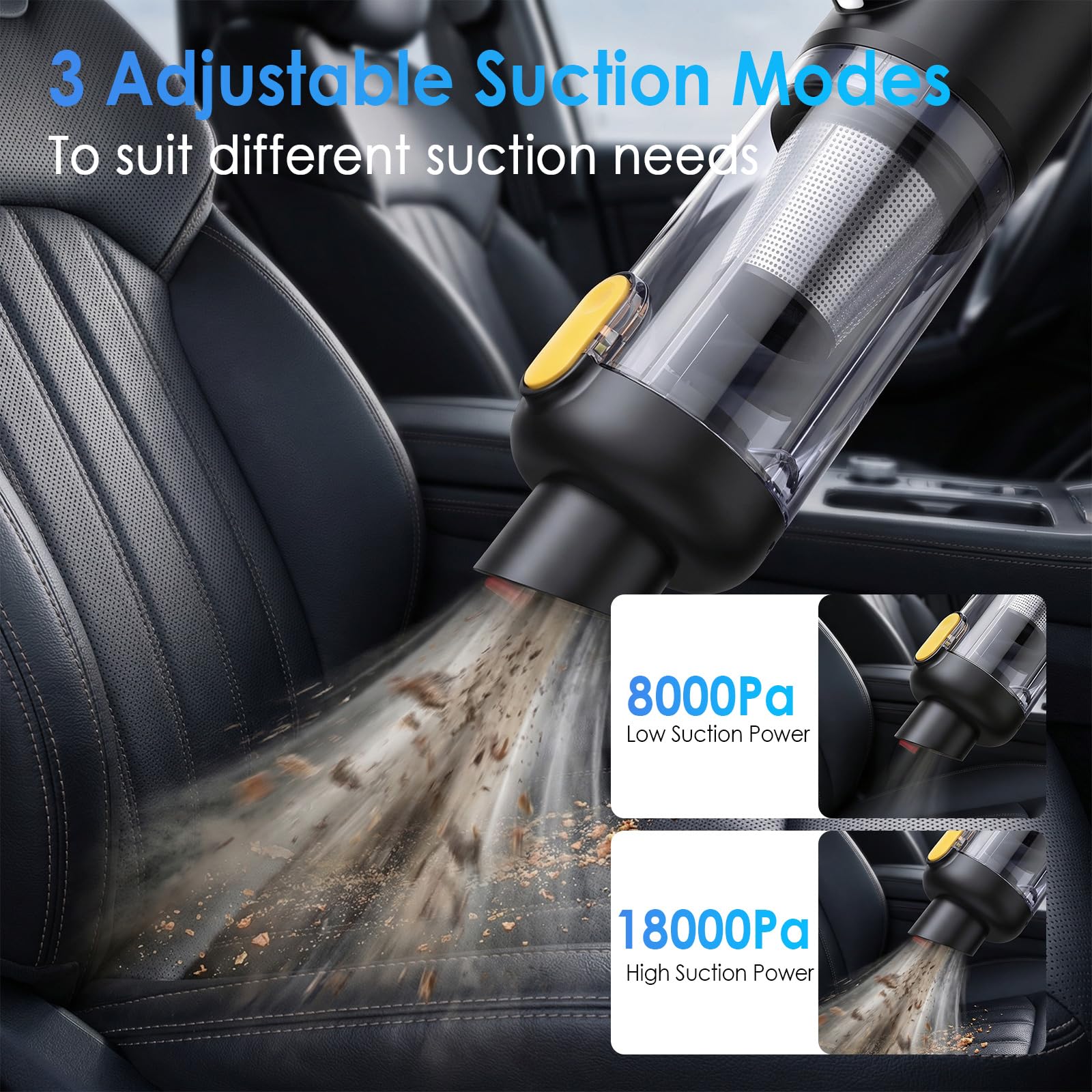 Aspirador Coche Potente Sin Cable – Aspirador de Mano 18.000 Pa, Mini Aspirador con Función Soplado e Inflado, 9 Accesorios, Ligero 506 g, para Coche