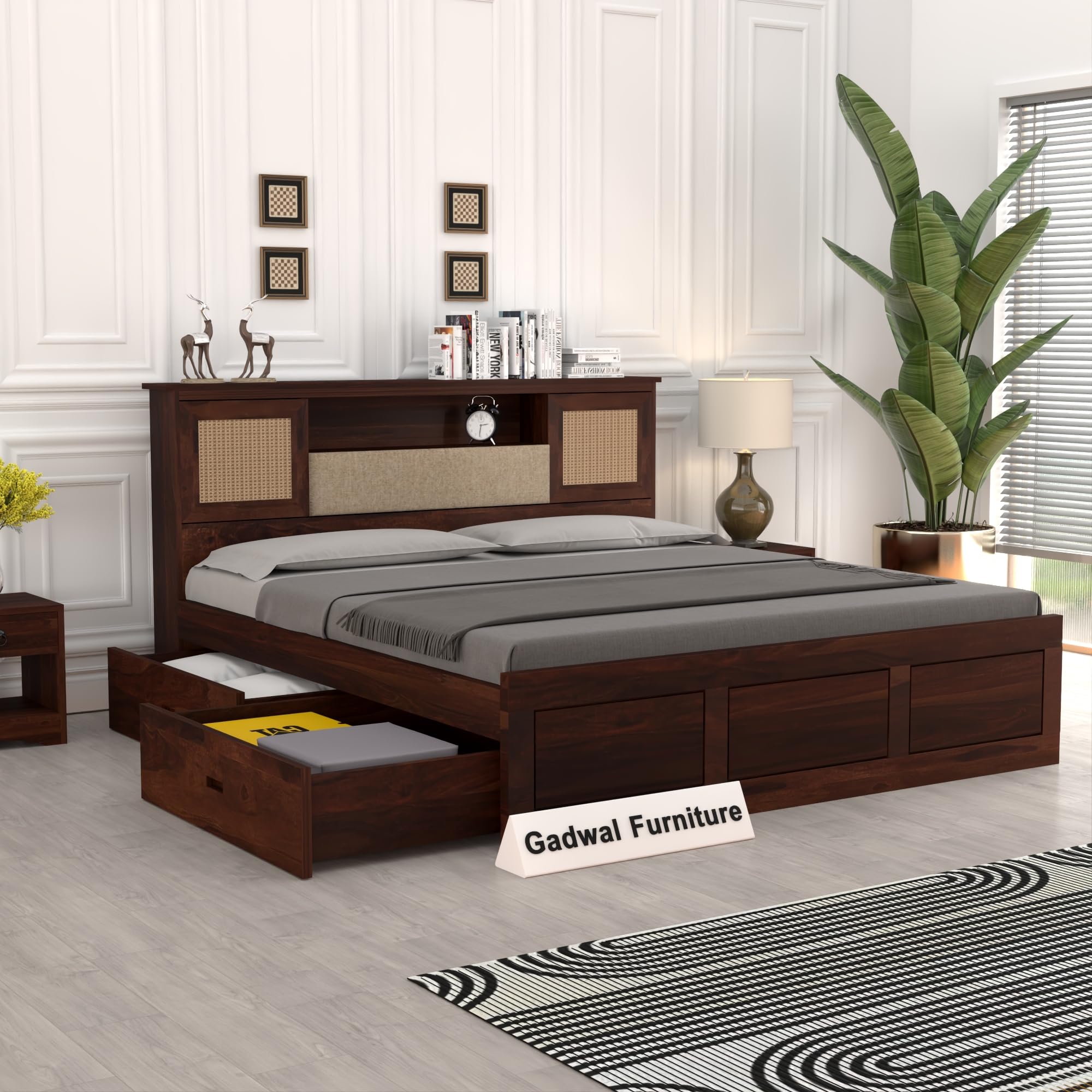 Sheesham Wood King Size Bed with Drawer Storage for Bedroom - Wooden Bed King Size Cot Double Bed with Storage - Wooden Cot for Bedroom Home (Design 55)-image-35