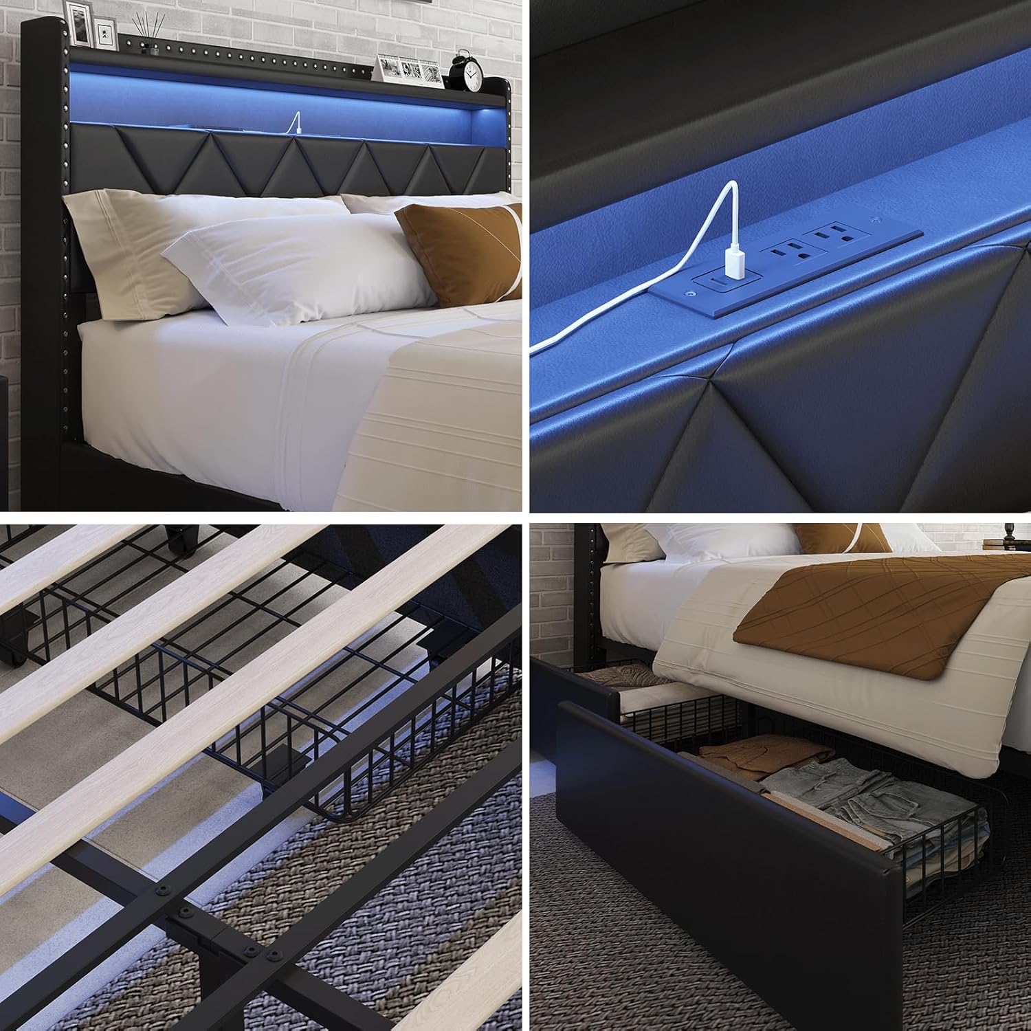 Full Size Upholstered Bed Frame with 2 Drawers and Square Stitched Button, Bed Frame with Charging Station and LED Lights, Upholstered Headboard with 2-Tier Storage Shelves, Black