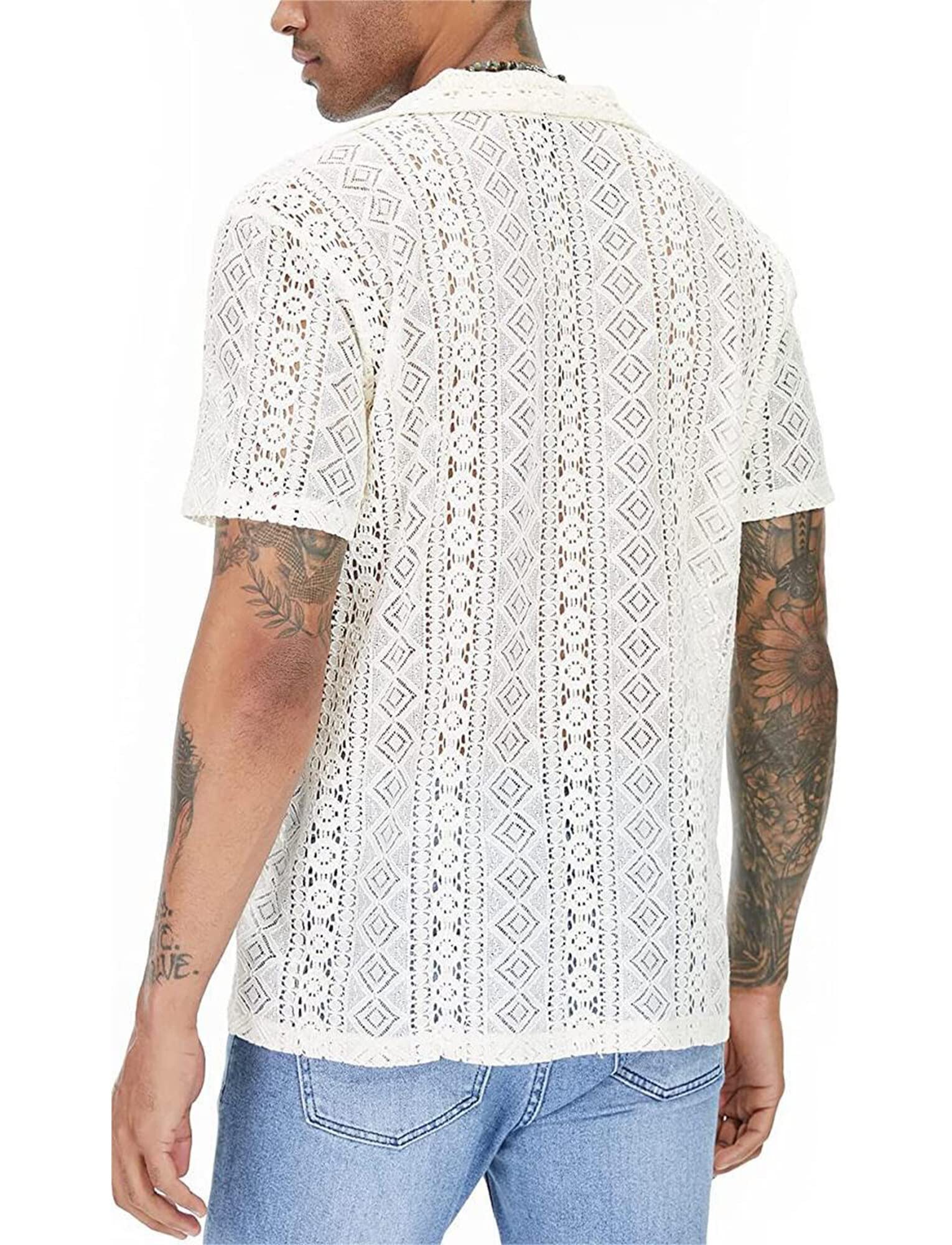 FEOYA Camicia in pizzo da uomo, maglietta a rete, a maniche corte, per discoteca, feste, rave