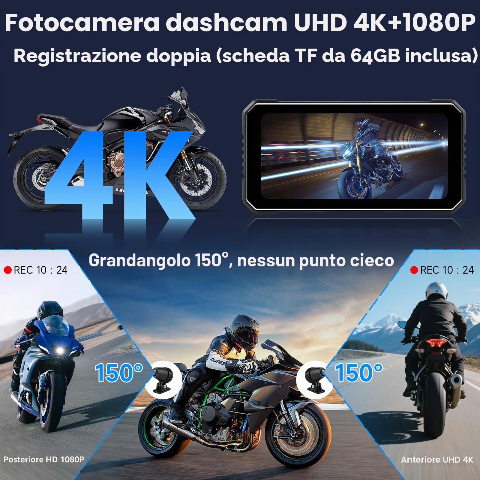 Vtopek Carplay Moto 6,25 Pollici Dashcam 4K+1080P Dual Camera Impermeabile Navigazione GPS Bluetooth Siri 64GB