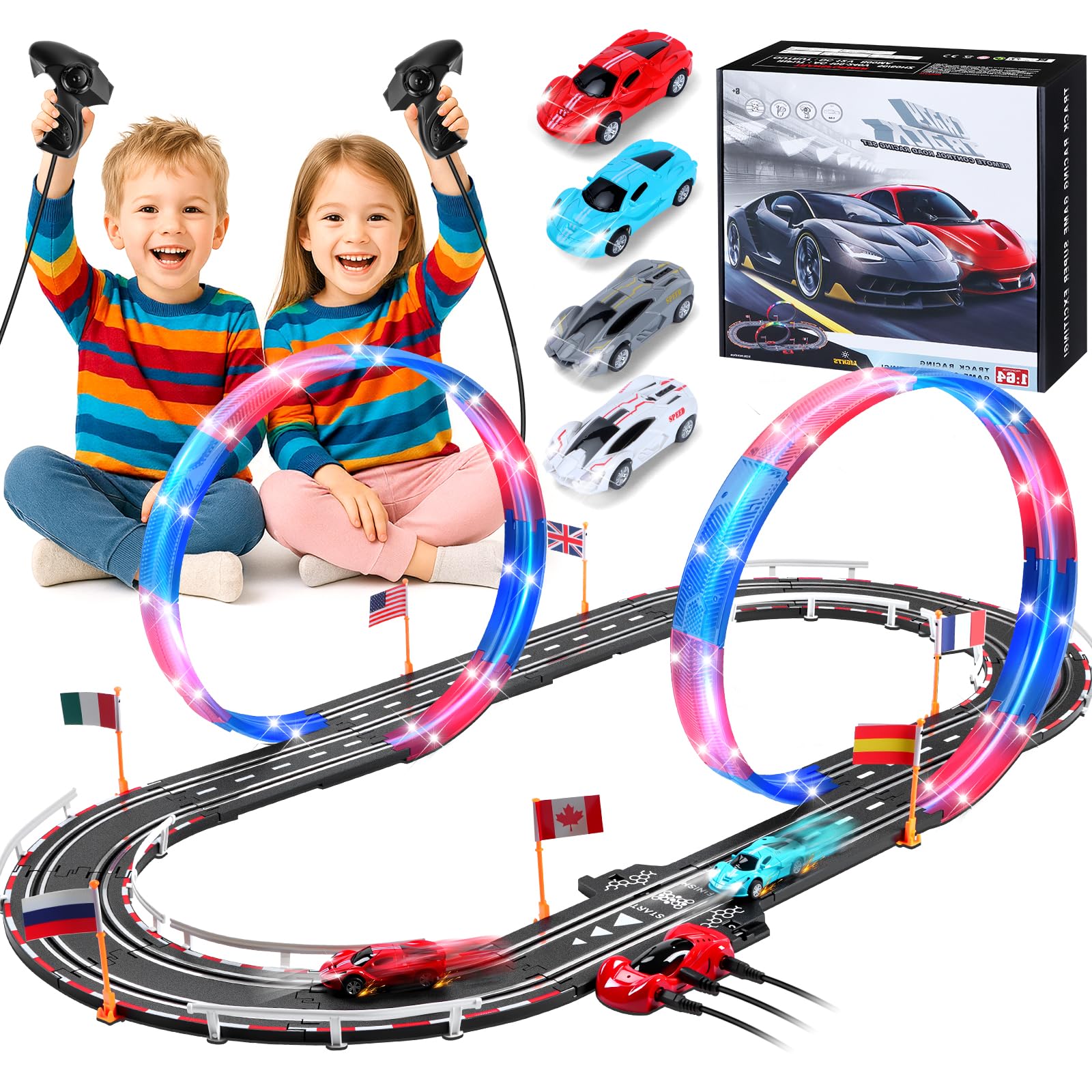Circuit Voiture Electrique, Lumineuse Circuit Voiture Enfant 1:64 Piste De Course - 4 LED Voitures, 360° Cercle, Prise, Compteur de Tours, Piste Voiture Enfant 6-12 Ans Jouets Cadeau (S)
