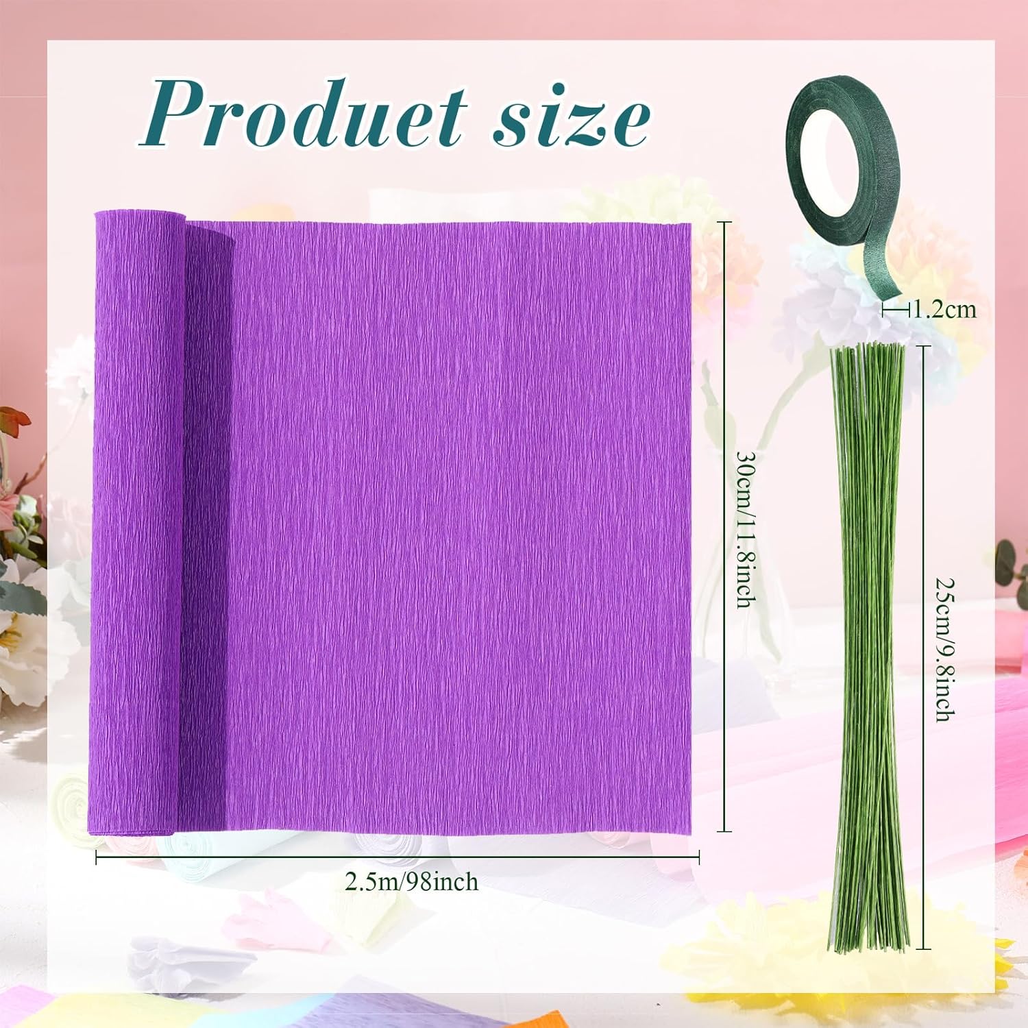 Fullhawl Jumbo 12 x 98 Inch Crepe Paper Rolls, DIY Large Craft Large Flower Crepe Paper with 50 Pcs Floral Stem Wire, Green Tapes and Tubing for Wedding Holiday Decor(Rainbow Colors)