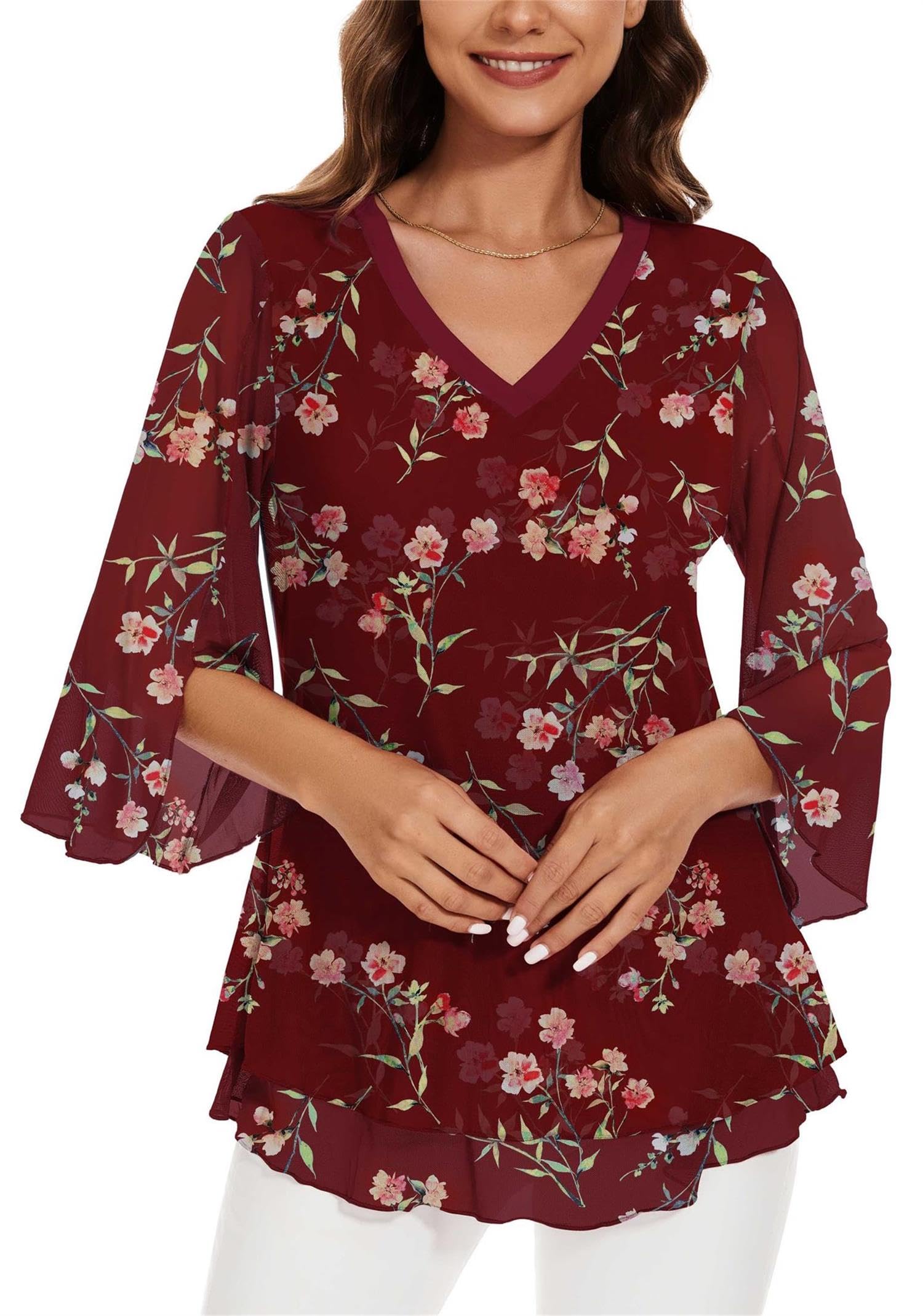 Actcat Damen Bluse Elegant 3/4 arm V-Ausschnitt Mesh Festliche Oberteil Blumen Doppellagige Tunika