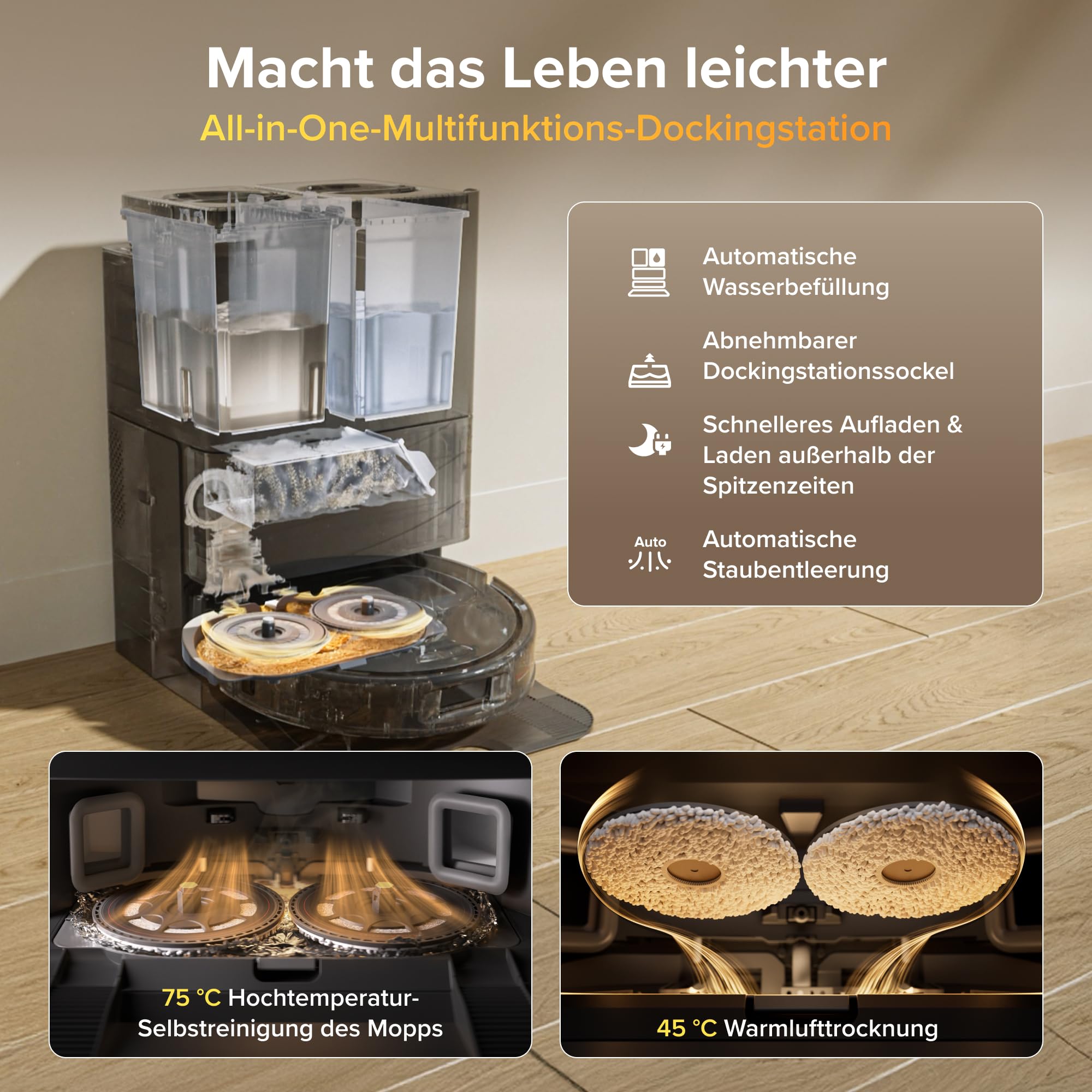 Roborock Qrevo S Pro Saugroboter mit Wischfunktion, 18.500 Pa, 75 °C Heißwasser-Moppreinigung, Anti-Tangle System, Reactive Tech Hindernisvermeidung, All-in-One Dock (Schwarz)