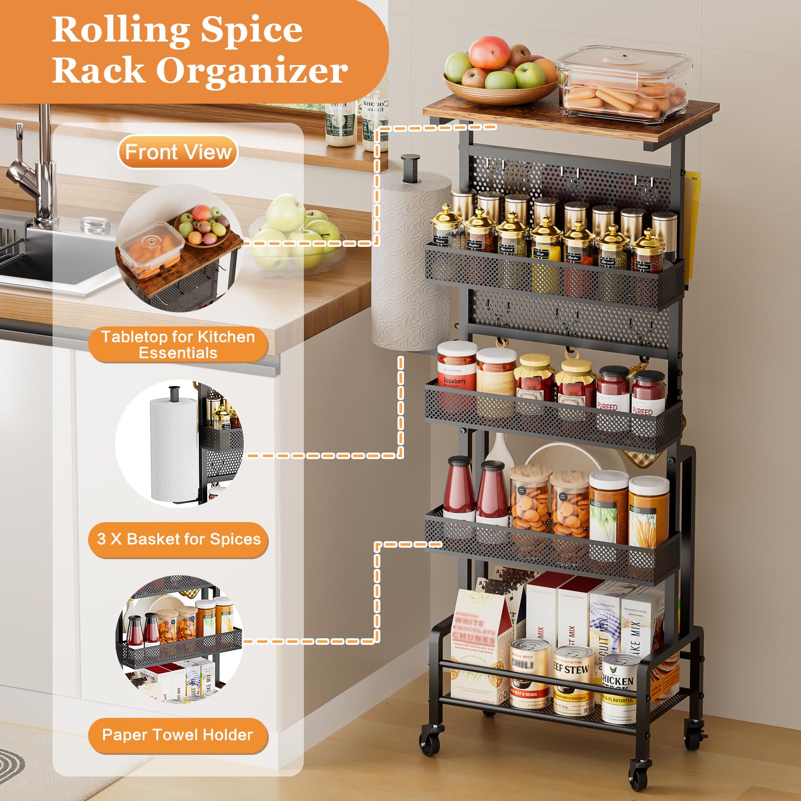 Carrito de Almacenamiento Estrecho - Carro con Ruedas y Tapa de Madera | Organizador estrecho con panel perforado, 6 ganchos y portarrollos de cocina. Estantería fina antivuelco.