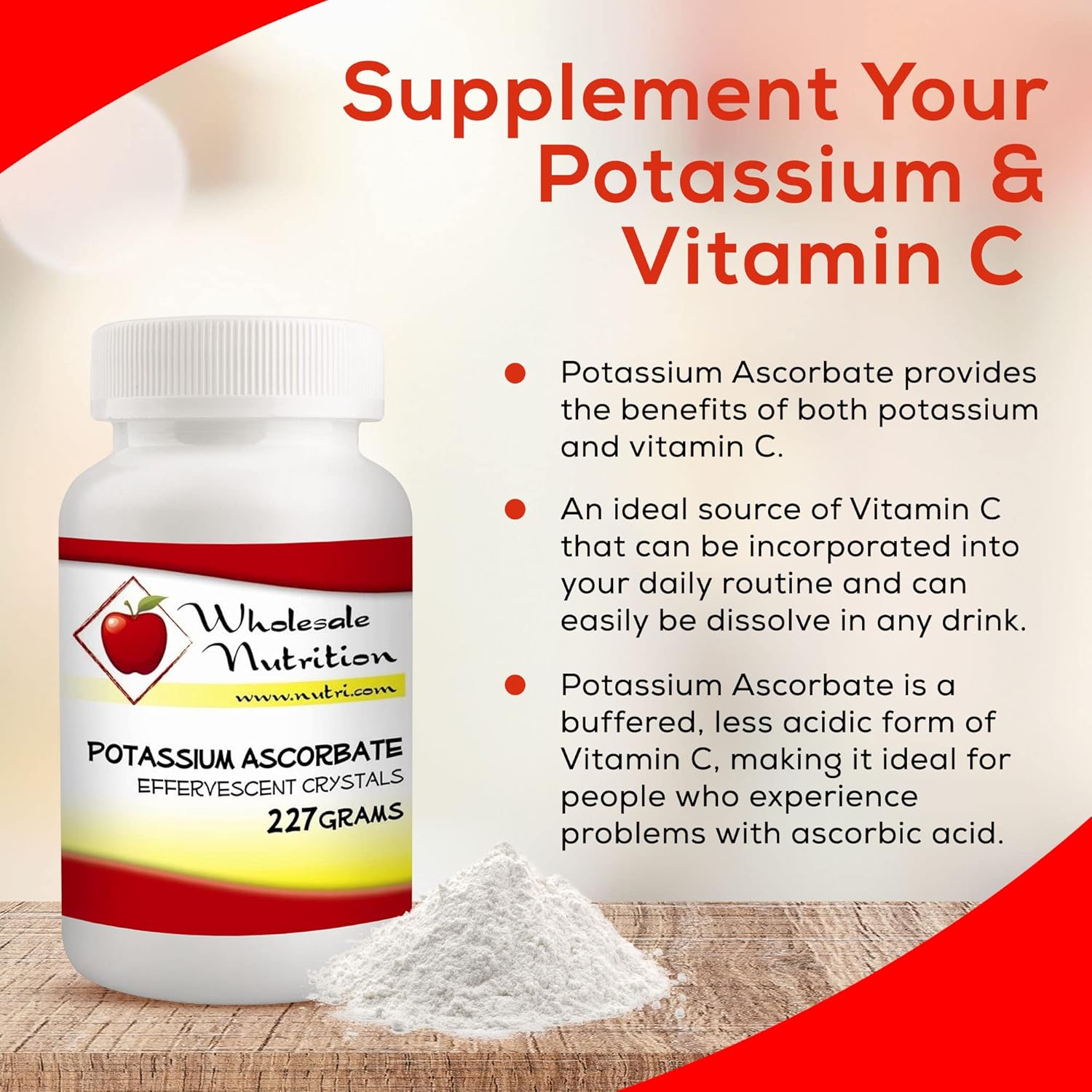 Wholesale Nutrition Potassium Ascorbate - Blend of Potassium & Vitamin C, Effervescent Vitamin C Crystals Supplement, Vitamin Powder - Antioxidant, Collagen Production, Healthy Circulation, 227 Grams