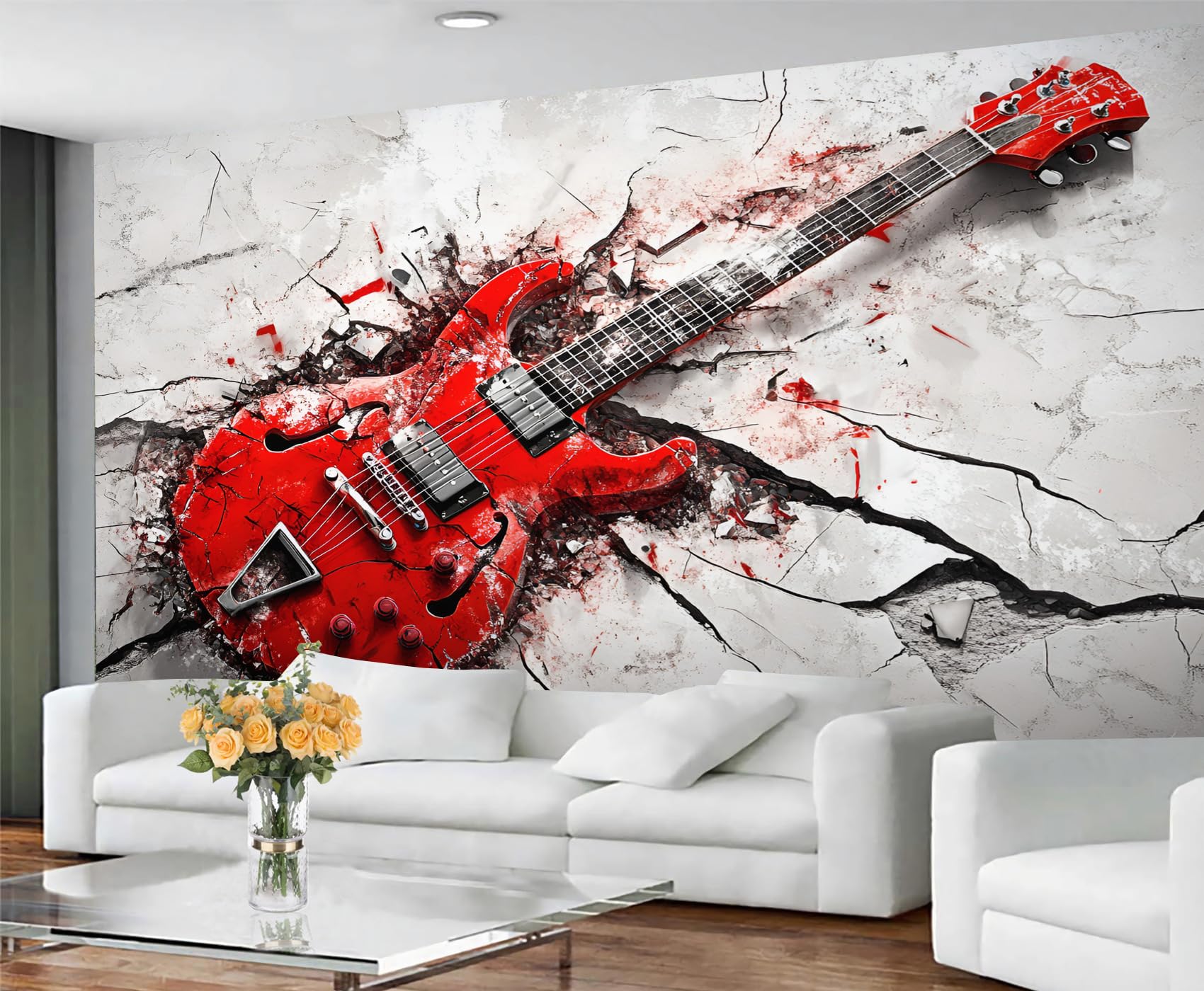 GIVLWF Guitar Wallpaper, Electric Guitar Bedroom Wallpaper, Music Theme Wall Paper for Living Room, Not Self Adhesive Retro Red Wall Mural, Music Instrument Large Mural & Room Decor — image 1