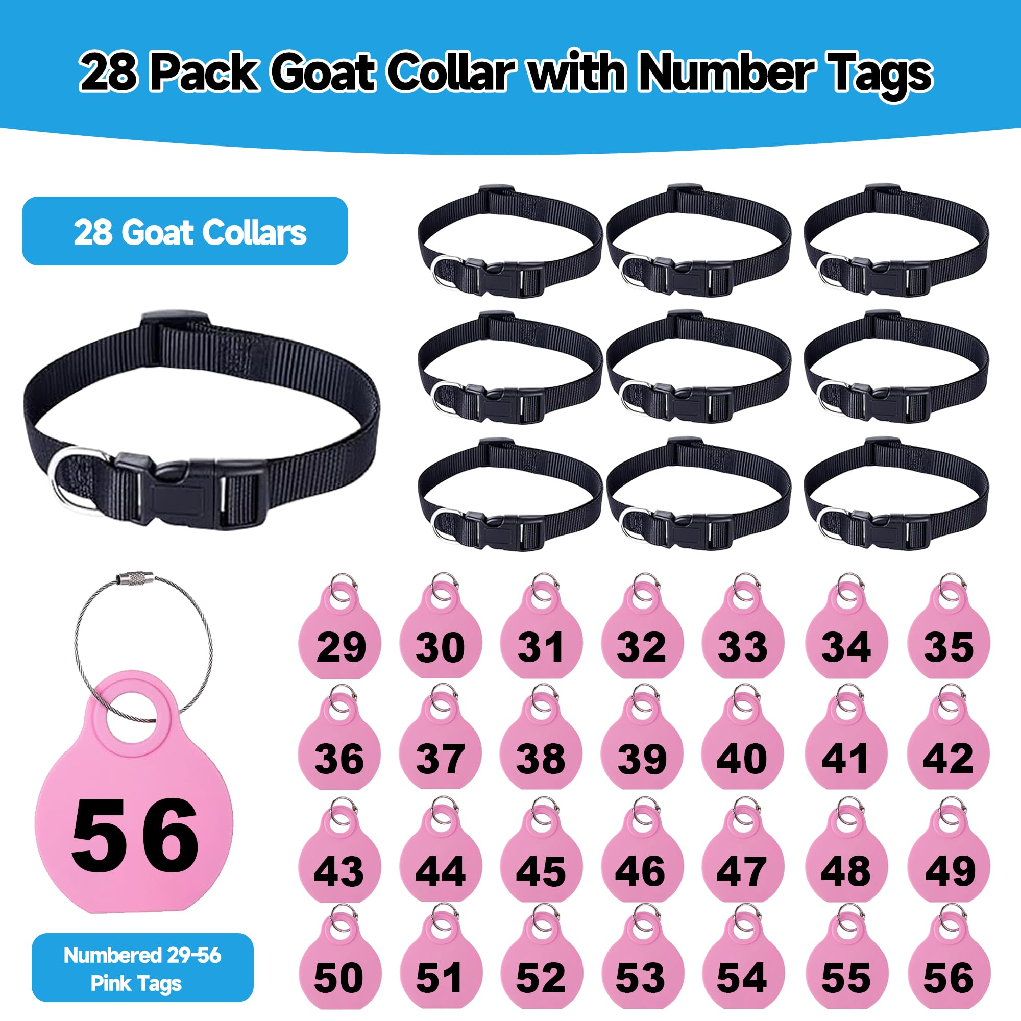 28 Stück Ziegenhalsbänder mit Ohrmarken, für Kuh, Schaf, Hunde, Ziegenohrmarken mit verstellbarem Nylon-Halsband, Set mit Haustier-Vieh-Ohrmarke zum Markieren, Kuh, Ziegenschaf (Rosa)