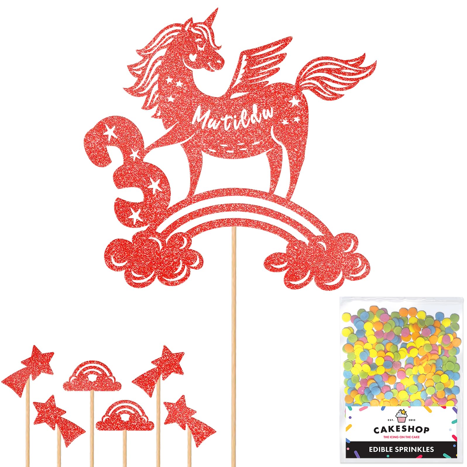 Personalised Unicorn Glitter Cake Topper- Red Any Custom Age & Name Glitter Cake Decoration and Sprinkles - Happy Birthday Decorations - Personalised Toppers for Cakes by Cakeshop