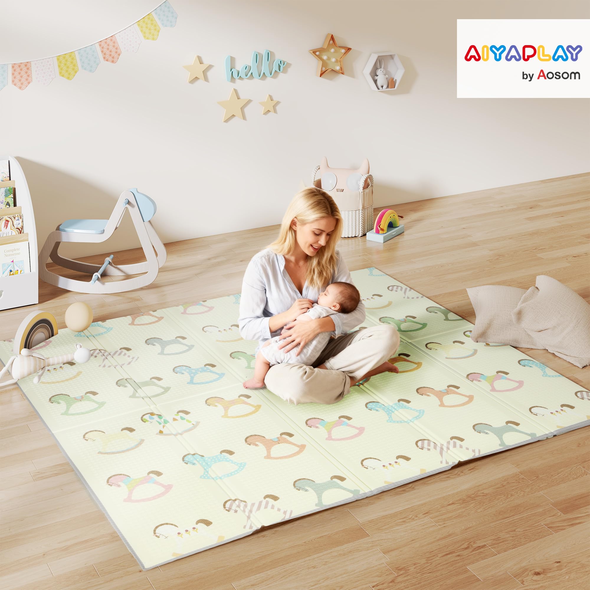 AIYAPLAY Doppelseitige faltbare Babymatte wendbar 200x180 cm | Wasserabweisend, Große Schaumstoffmatte, Schlafzimmer, Kinderzimmer, Verkehrs- und Schaukelpferd-Thema