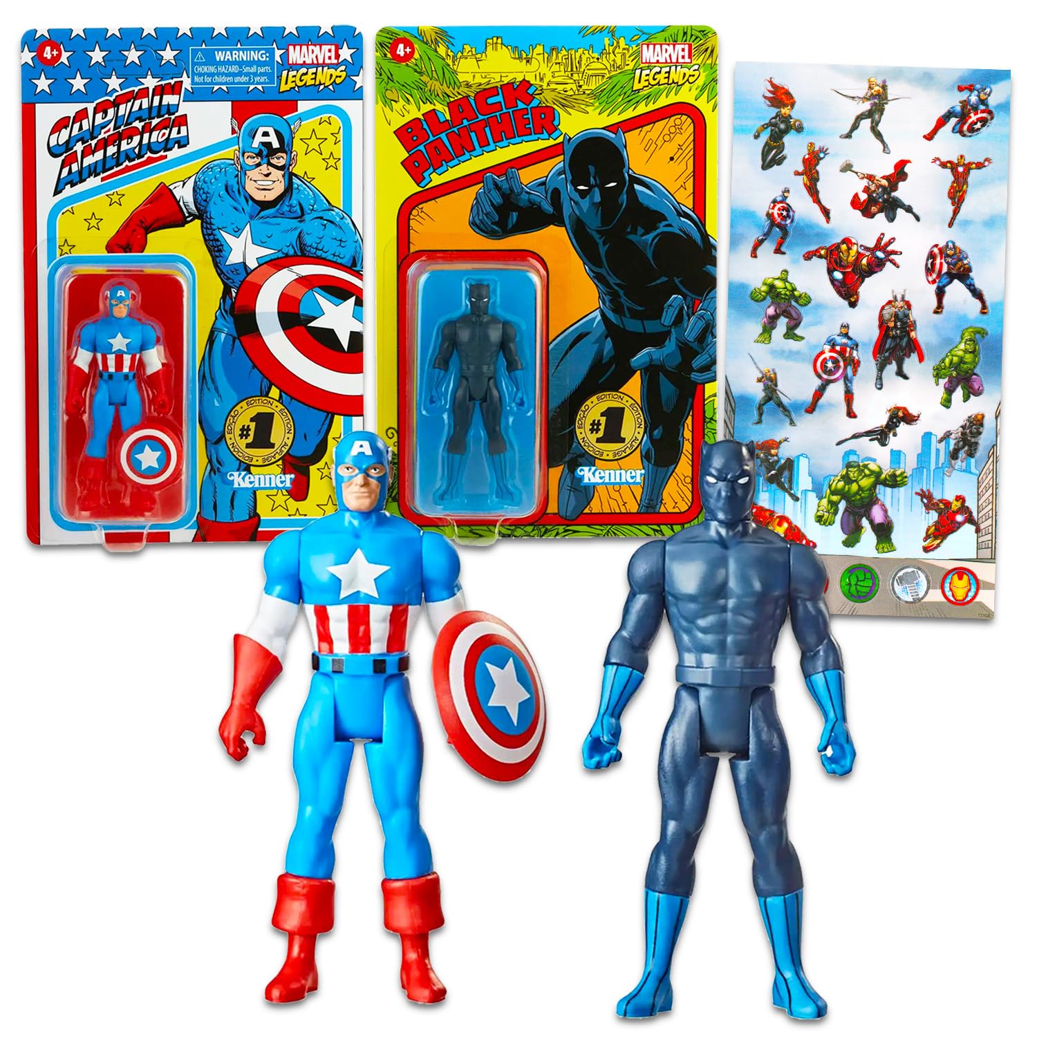 Kenner Marvel Legends Retro Action Figure Set - Bundle of 3.75" Comic Collection of Captain America, and Black Panther | Avengers Set