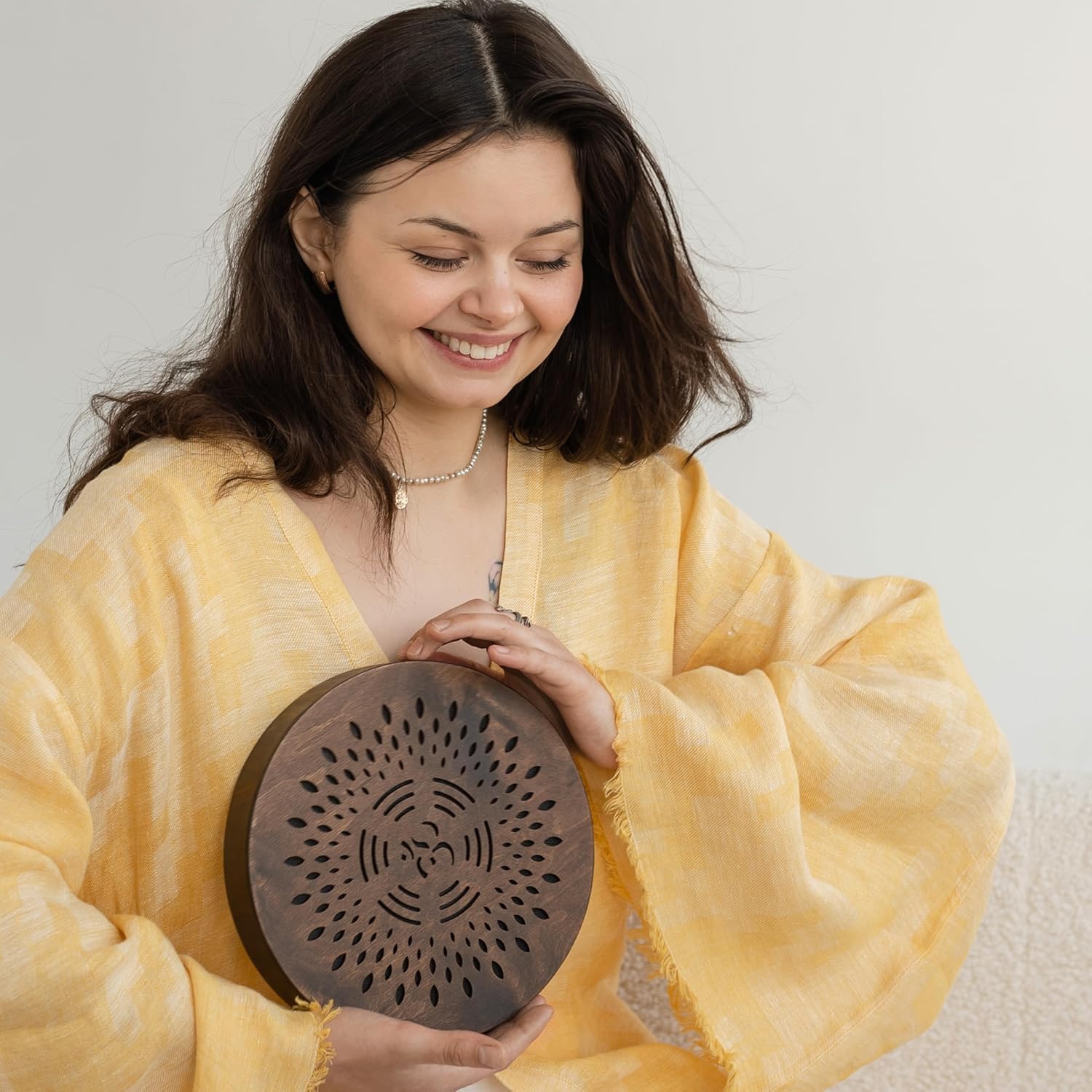 Rain Disc, 8.6 Inch (22 cm) Wooden Ocean Drum, Sound Healing Instrument for Meditation, Yoga & Relaxation, AUM & Ganesha Design