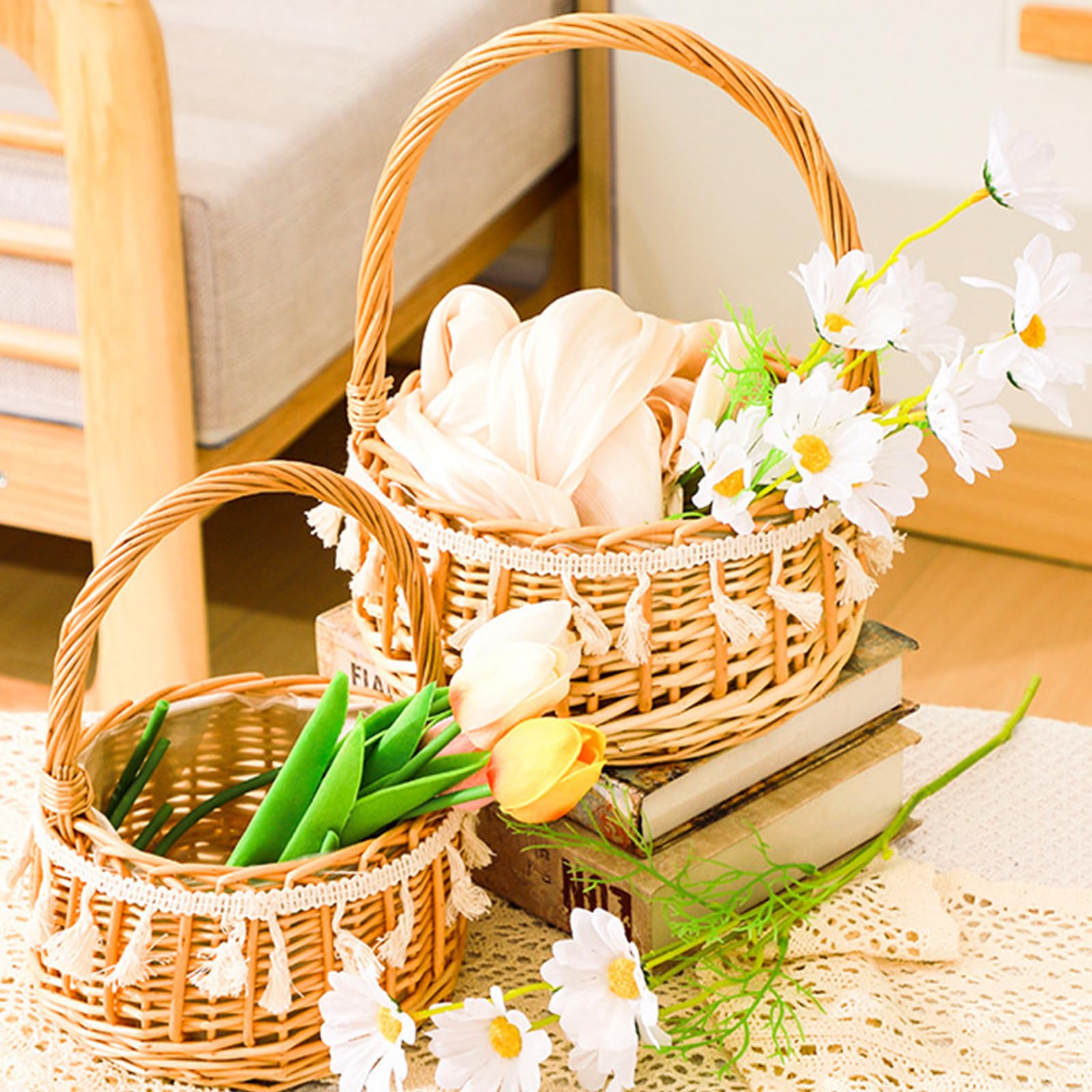 Cesti Intrecciati Con Nastro, Cesto Da Ragazza Di Fiori, Vimini E Tessuto, Bomboniere Per Nozze