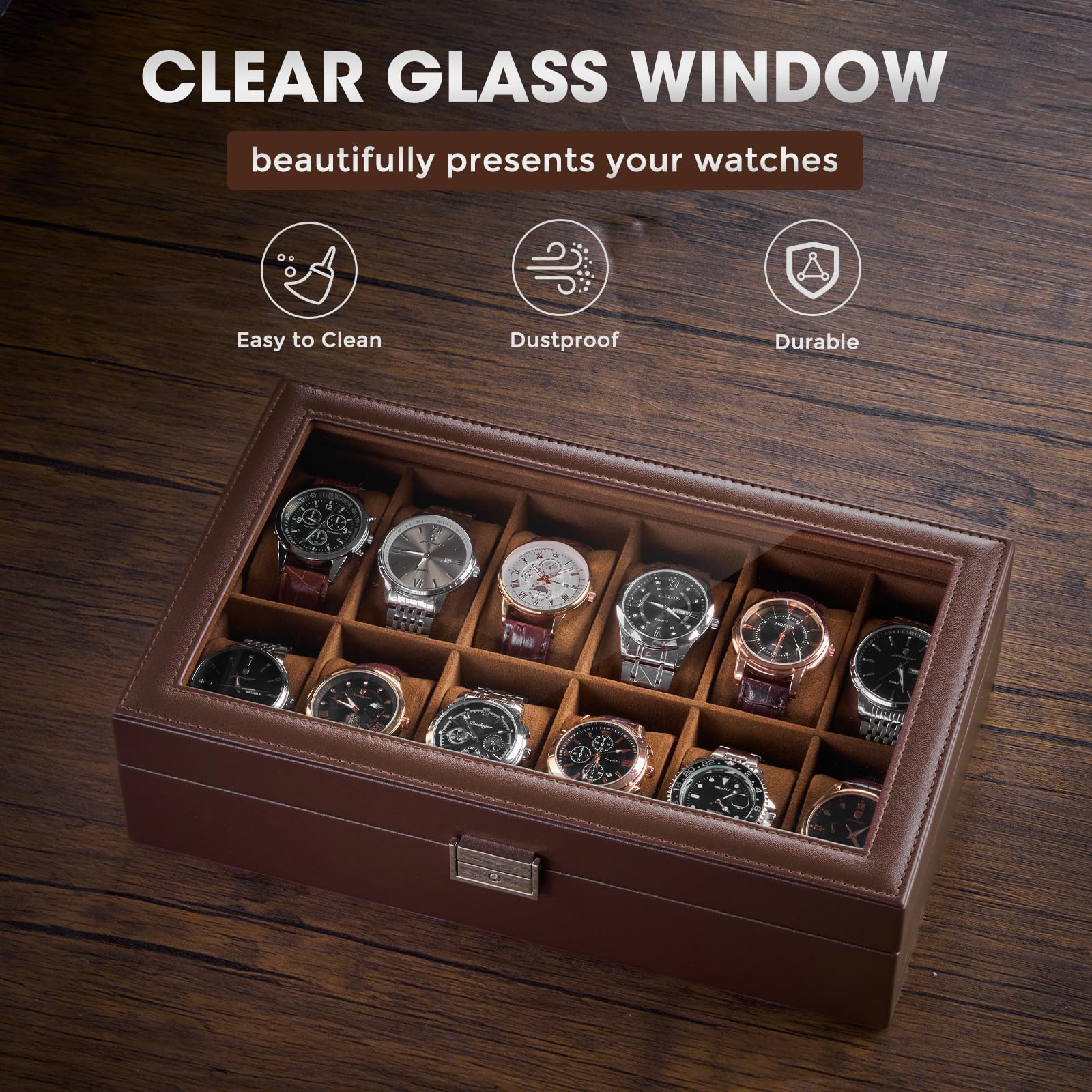 Estuche para relojes de 12 ranuras para hombre, organizador de relojes de cuero sintético con almohada suave, soporte de almacenamiento con cerradura y tapa de cristal, regalo para el Día de