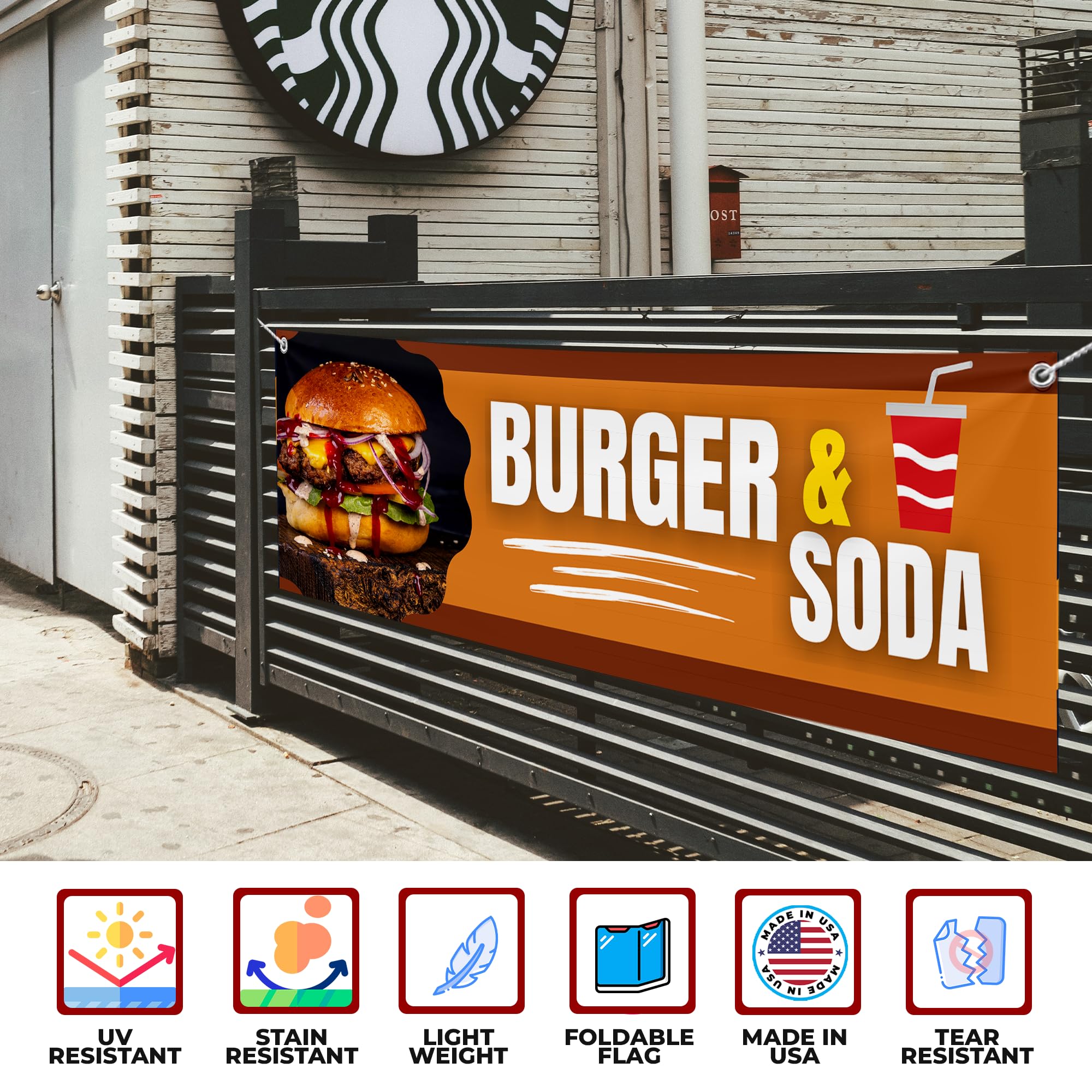 Mavis Print - Pancartas y carteles grandes de hamburguesa y refrescos para exteriores de poliéster con 4 agujeros para colgar fácilmente en interiores y exteriores, pancarta HD de 6 x 2 pies para