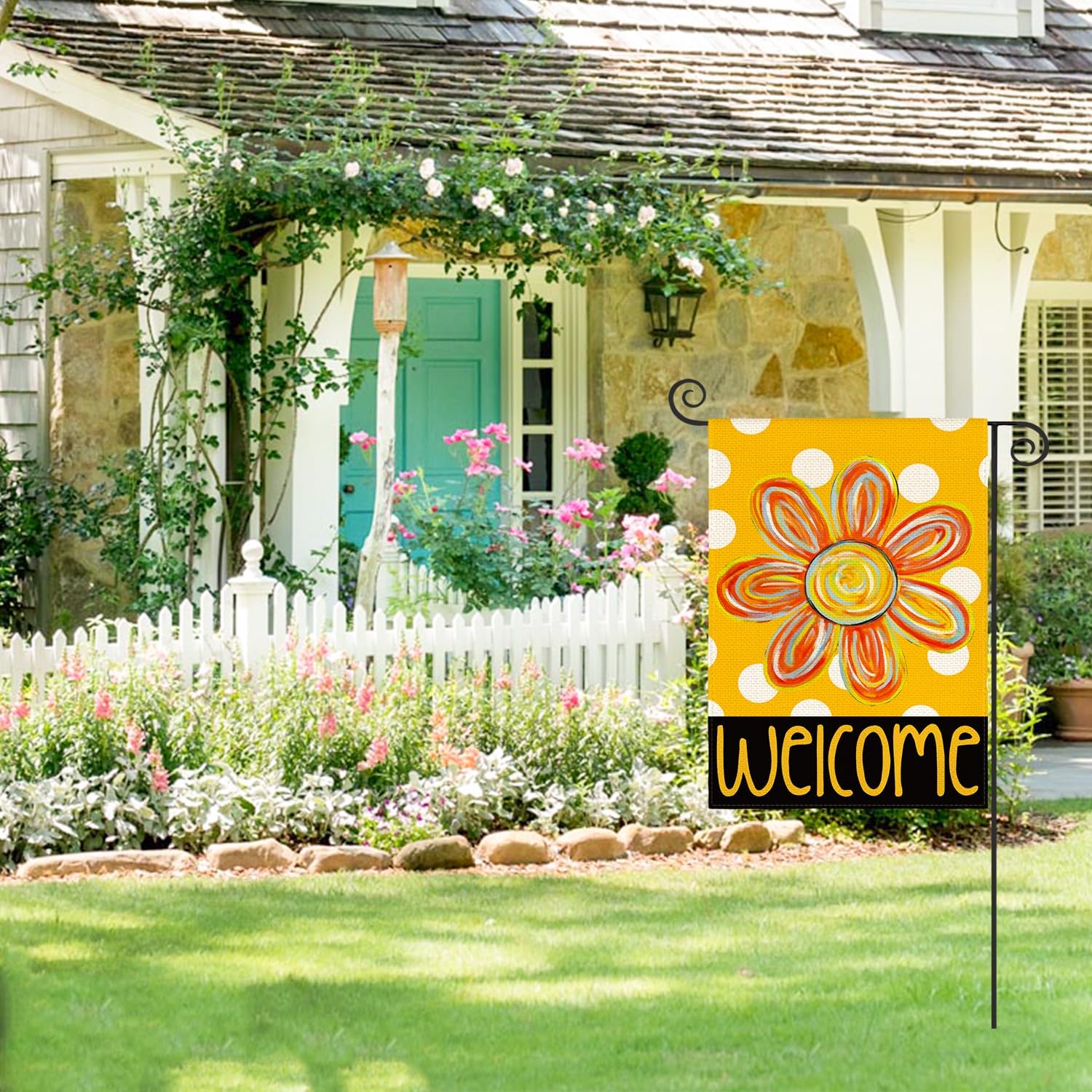AVOIN colorlife Summer Floral Garden Flag 12x18 Inch Double Sided Outside, Polka Dots Welcome Seasonal Yard Outdoor Flag - Image 3