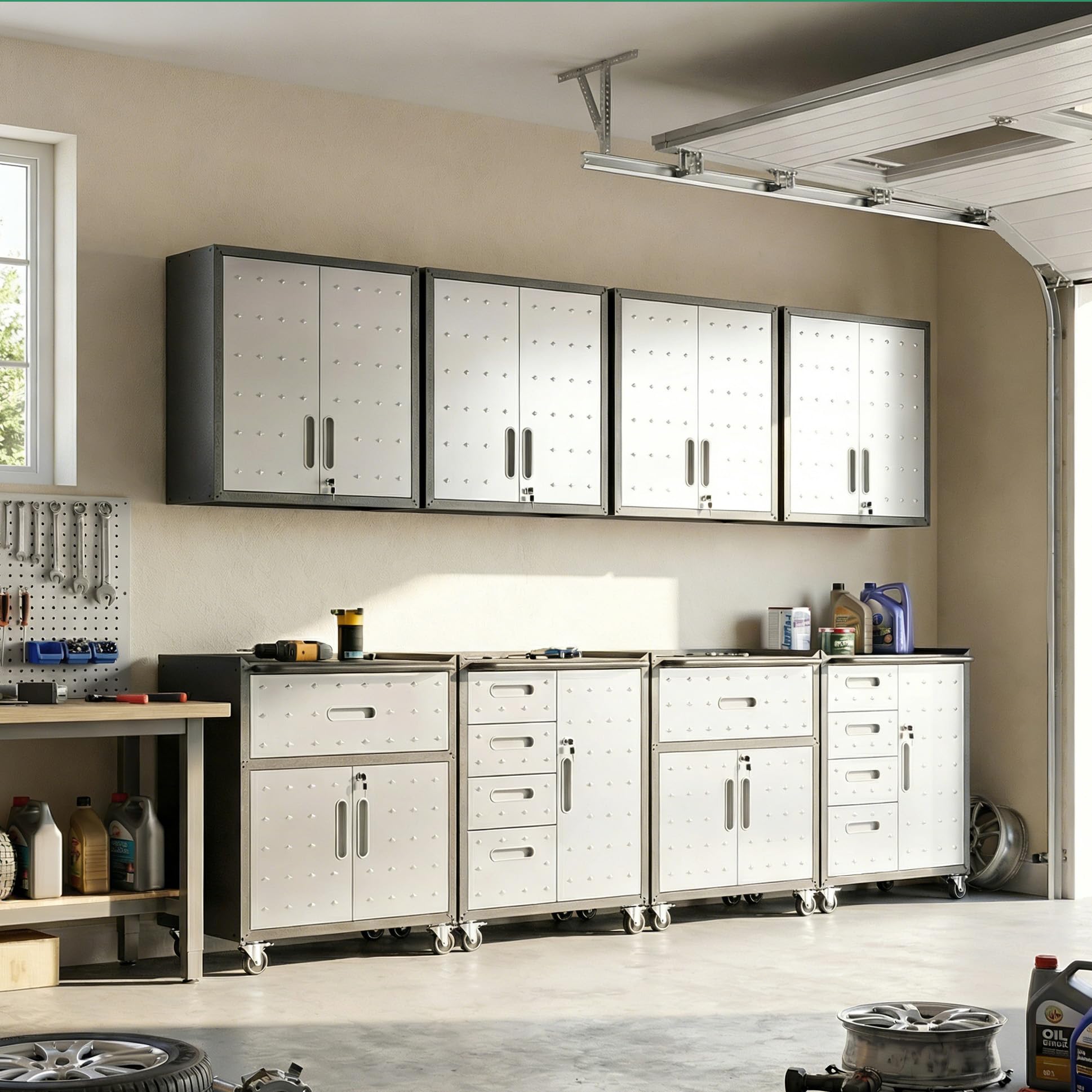 Garage Cabinet System | Heavy Duty Steel All-in-One Modular Garage Cabinet Set for Ultimate Workshop Organization | Easy Assembly Garage Storage Cabinets &amp; Tool Bench