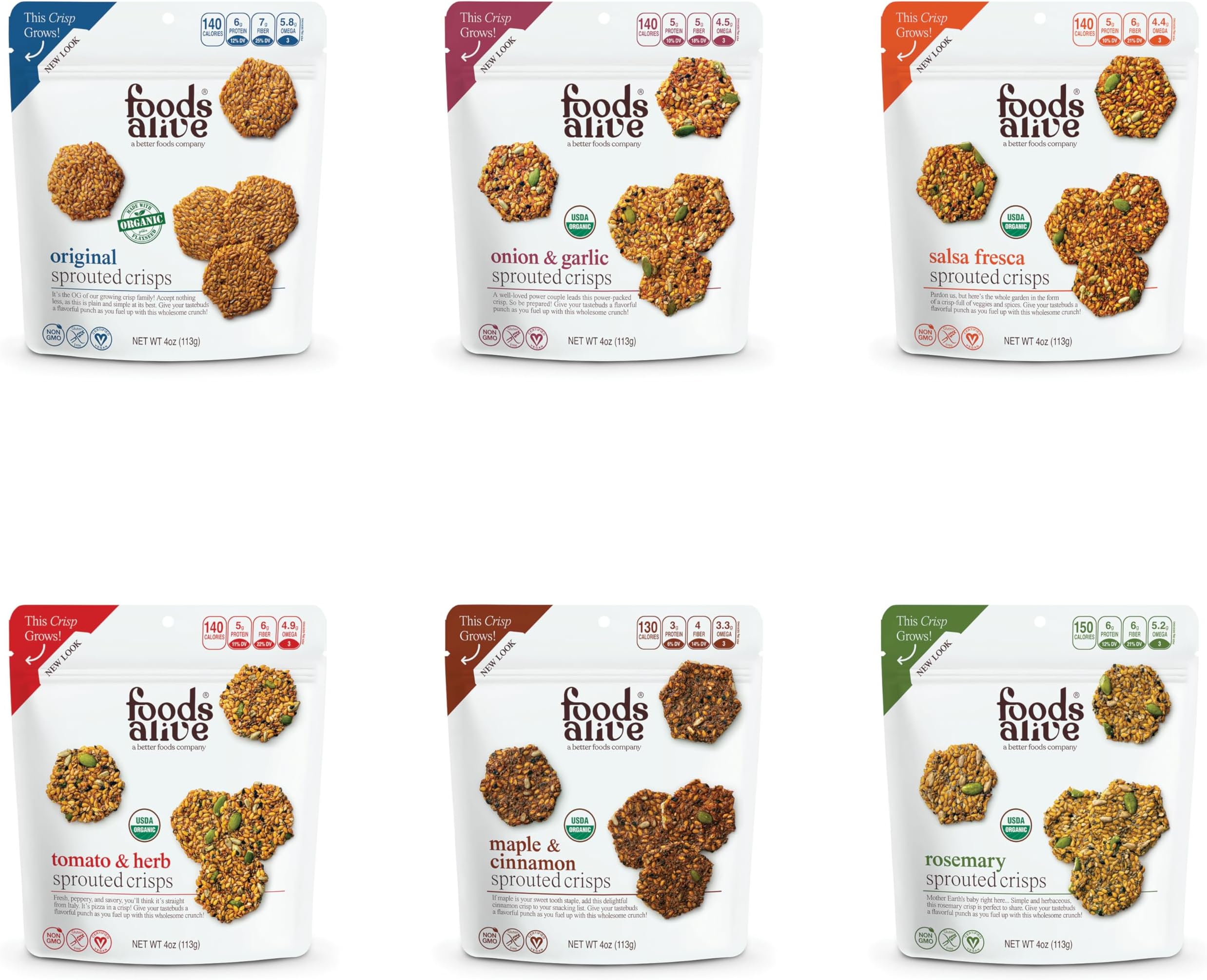 - Organic Sprouted Crisps Bundle (6 flavors), 4oz, Gluten Free, Vegan, High Protein, High Fiber