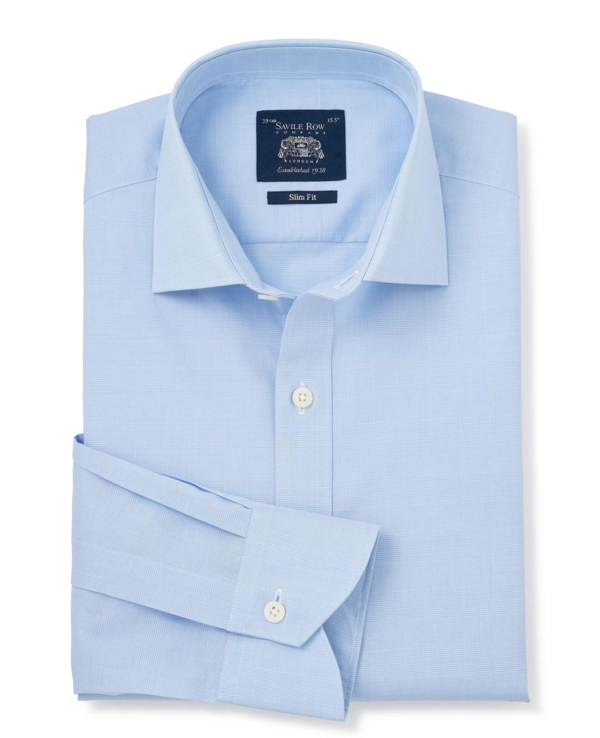 THE SAVILE ROW COMPANY LONDON Men's Slim Fit Cotton Poplin Single Cuff Formal Shirt - Blue Prince of Wales Check - 16.5" Collar - Standard