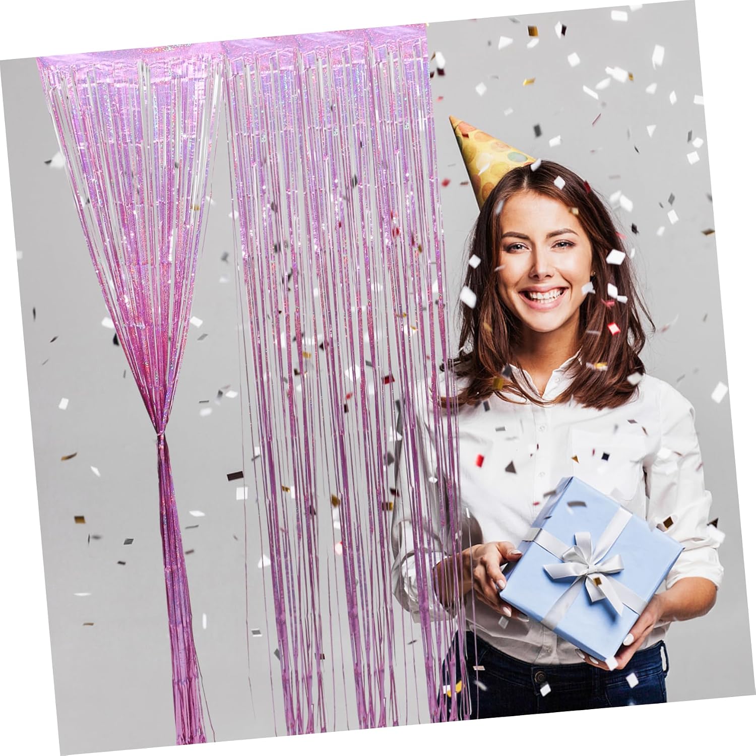 2pcs Iridescent Tinsel Fringe Curtain Backdrop for Party Decorations Glitter Streamer Wall for Birthday Wedding Christmas Photo Booth and Room Decor