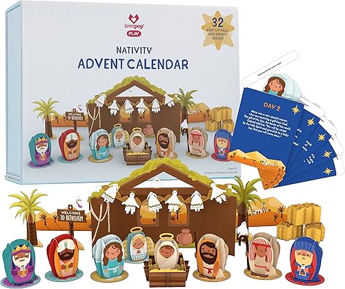 Lovepop - Calendario de Adviento de Natividad, 25 bolsas con 32 esculturas desplegables, calendario de Adviento de Navidad para niños y adultos,