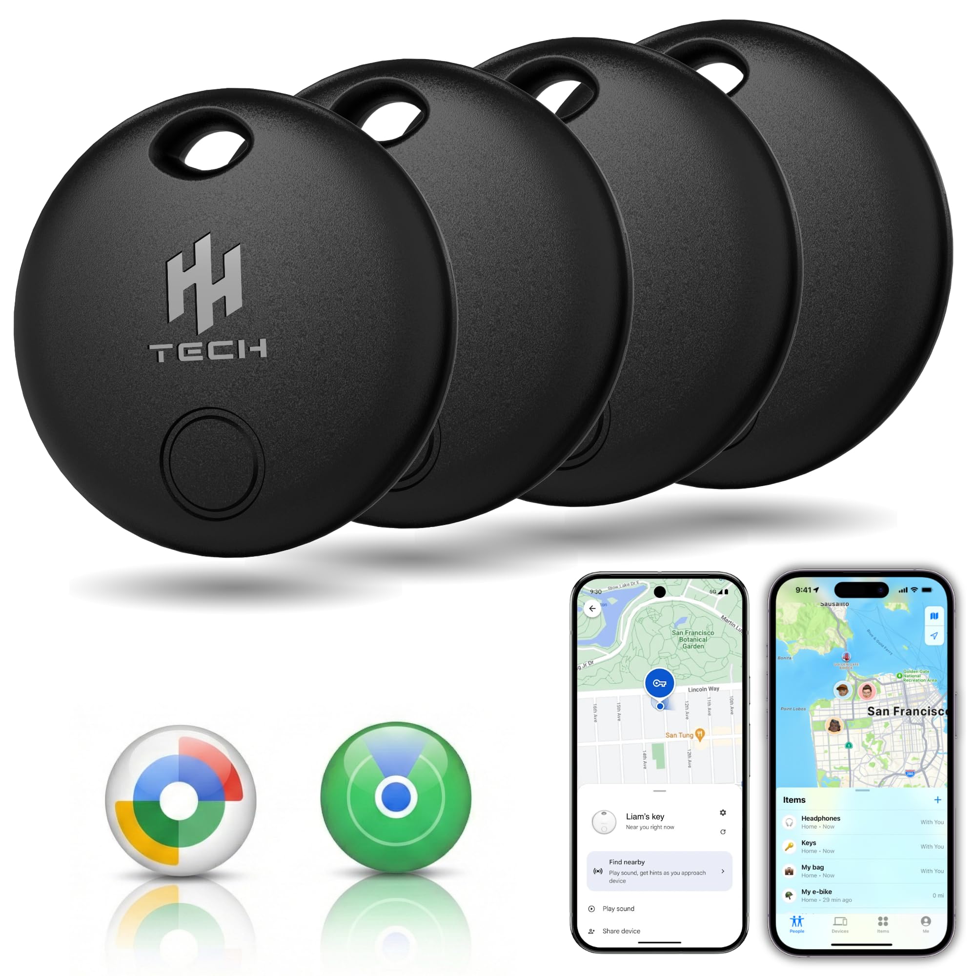HH-Tech Smart Tracker Tag Dual (Paquete negro-4) para dispositivos Apple y Android, batería reemplazable, rastrea tus llaves, cartera, bolsa, equipaje, maleta y más con Apple Find My y Google Find Hub