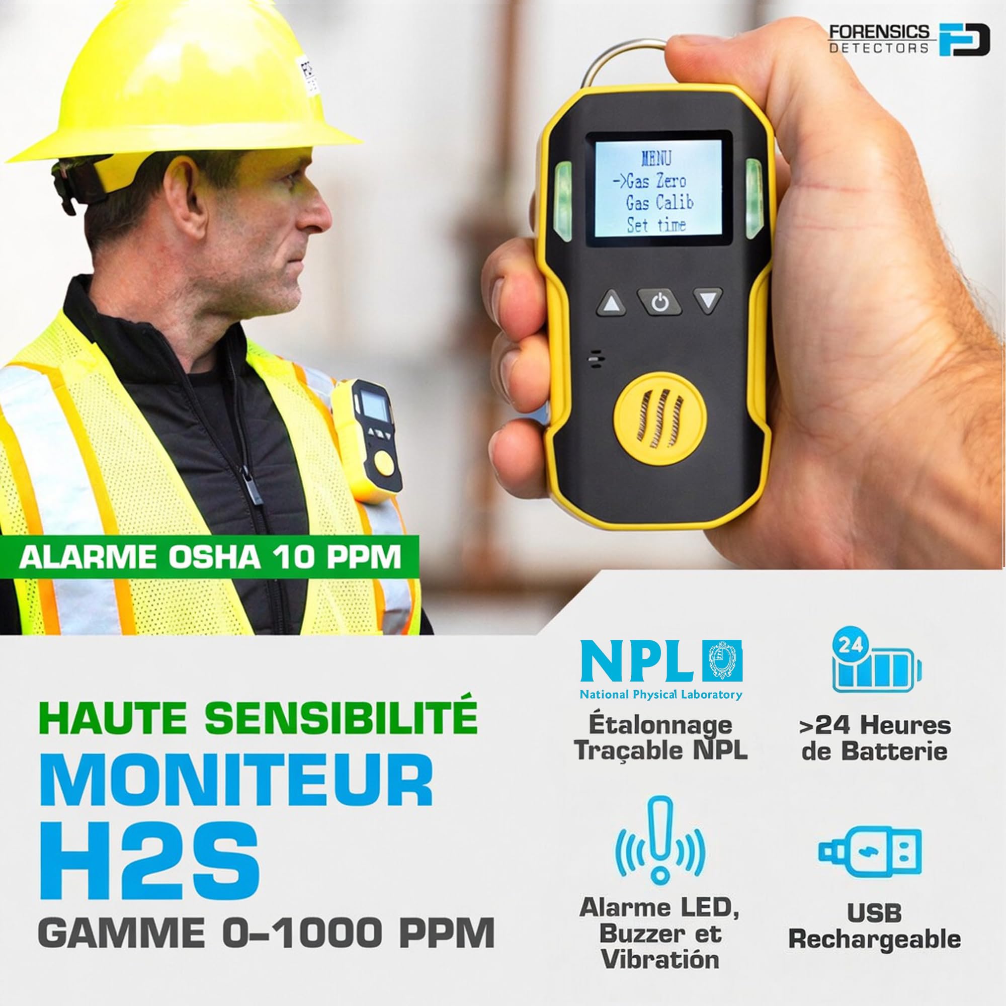 Détecteur de Sulfure D'Hydrogène (H2S) | Certificat d'Étalonnage UE | Alarmes Réglables Sonores, Visuelles et par Vibration | 0–100 ppm H2S