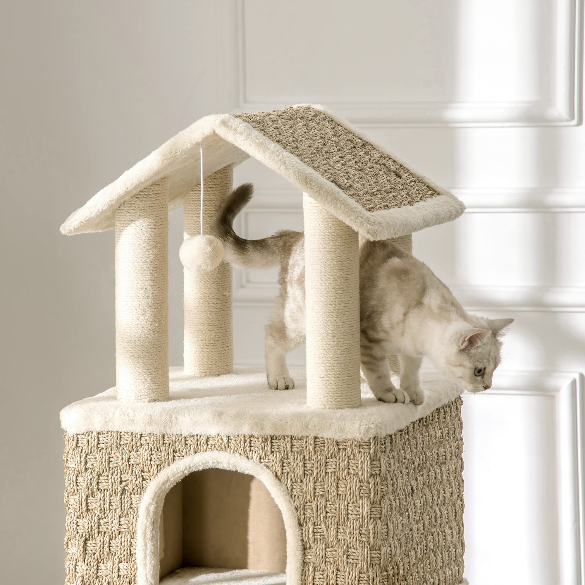 PawHut albero tiragraffi per gatti 130H cm albero da arrampicata con grotta per gatti palline gioco tronchi di iuta grande piattaforma in truciolato peluche kaki+beige