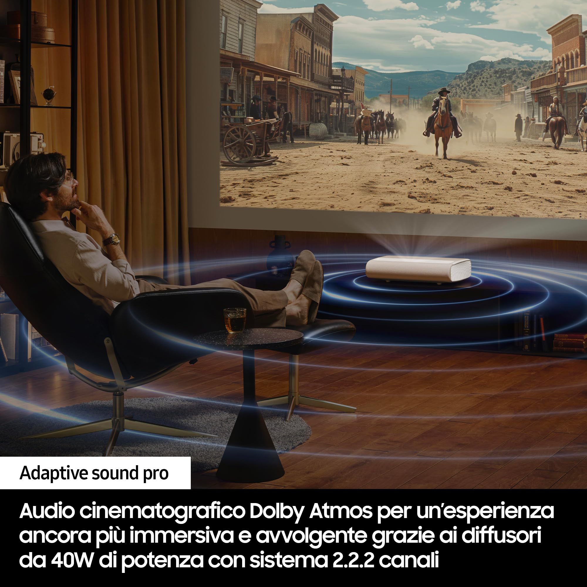 Samsung Proiettore 4K UHD The Premiere LSPU9, Tecnologia Triplo Laser 4K, 3450 ISO Lumen, Proiezione a Raggio Ultra-Corto, FILMMAKER MODE, Suono Potente 2.2.2 Canali da 40 Watt, Colore Warm White