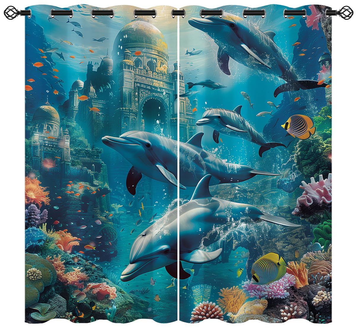 XINBADU Ocean Blackout Curtains for Girls Boy Home Decor, Dolphin Ocean Underwater World Castle Grommet Thermal Insulated Drapes Darkening Window Curtain for Bedroom Living Room, 42 x 45 Inch