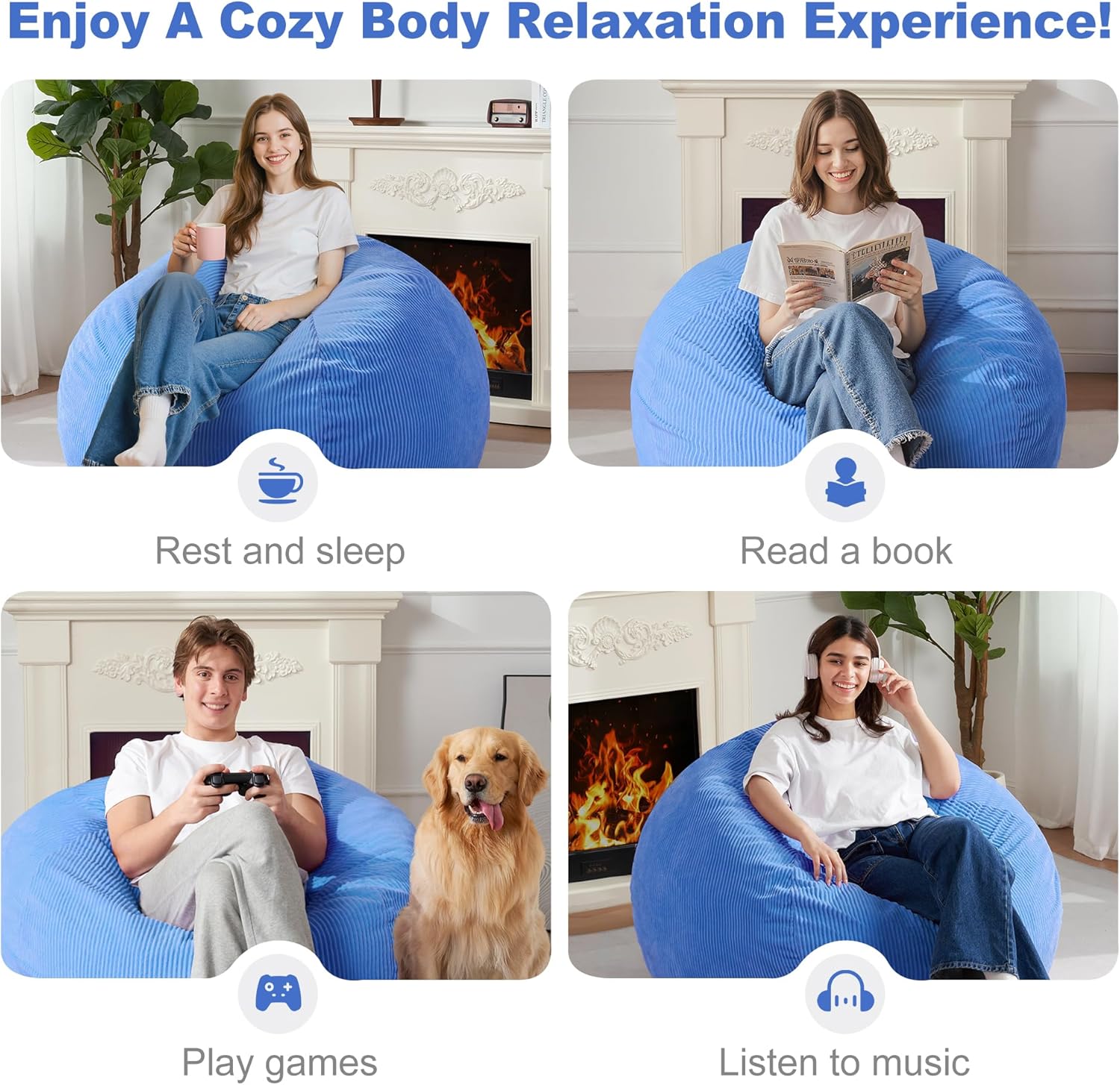 Homguava 3FT Bean Bag Chair: Teardrop Bean Bags with Memory Foam Filled, Compact Beanbag Chairs Soft Sofa with Corduroy Cover (Blue)