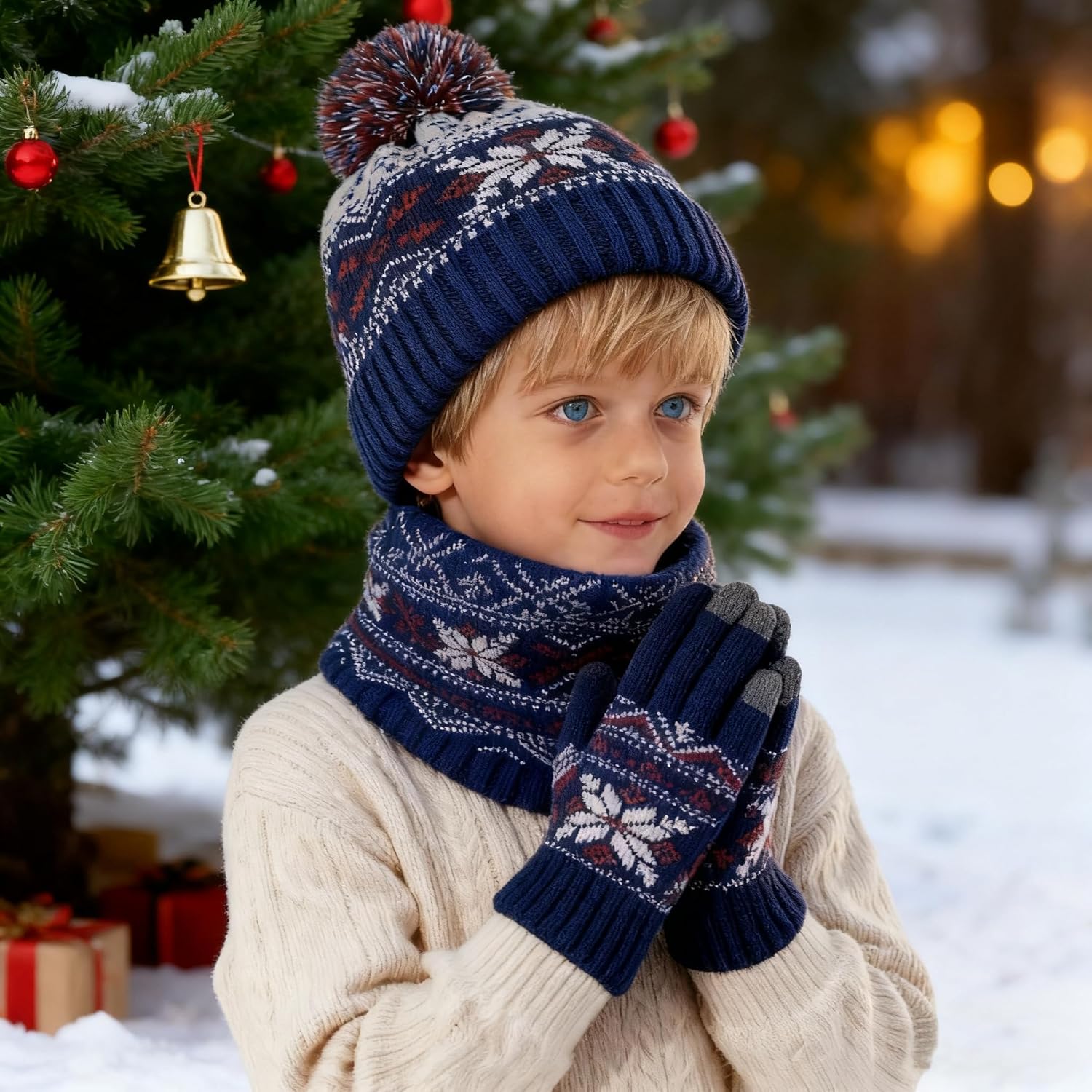 Kids Winter Knitted Hat Gloves Scarf Set 3 Pcs Warm Fleece Lined Beanie with Pom Gloves Neck Warmer for Boys Girls - Image 2