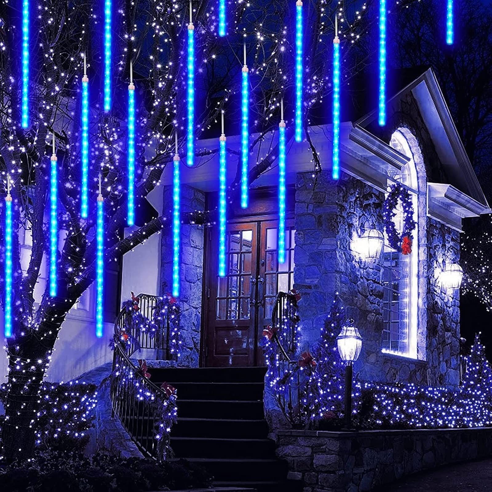 SCOZIA Luces de Lluvia Que Caen de Navidad 80 cm 8 Tubos 576 LED IP65 Luz de Navidad LED a Prueba de Agua Luces de Lluvia de meteoritos para Bodas al Aire Libre Jardín Árbol Decoración del Hog