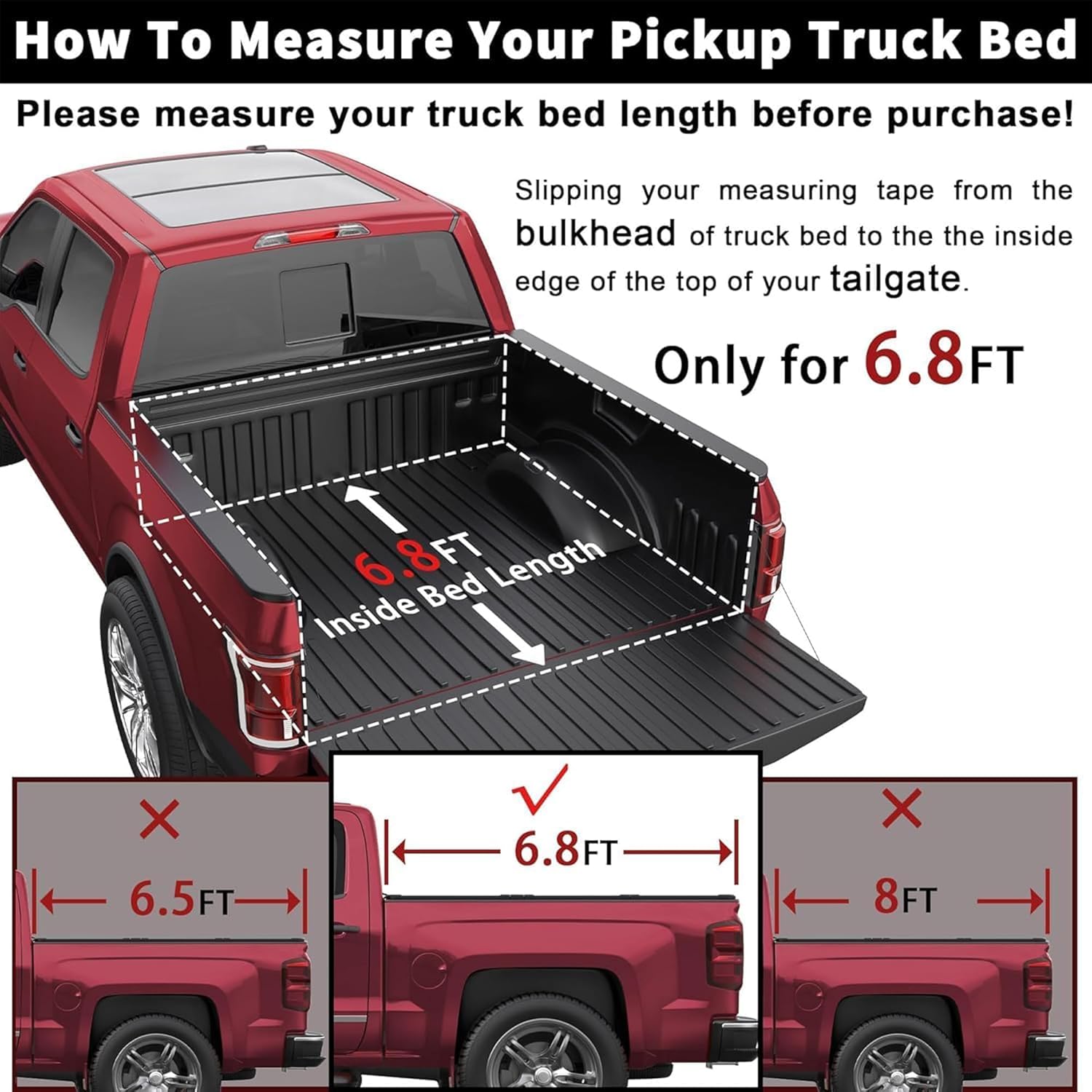 Fiberglass Hard Tri Truck Bed Tonneau Cover Compatible for 1999-2024 2025 Ford F250 F350 F-250 F-350 Super Duty 3-Fold 6.8FT 81.8Inch