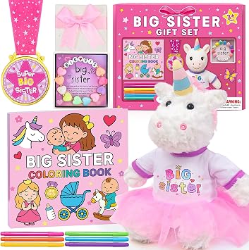 HAPGFS Big Sister Gift Set for Girls - Plush Unicorn with Big Sister Outfit, Coloring Book, Medal, and Bracelet for Girls Age 3-8 from New Baby, Promoted to Bigsis