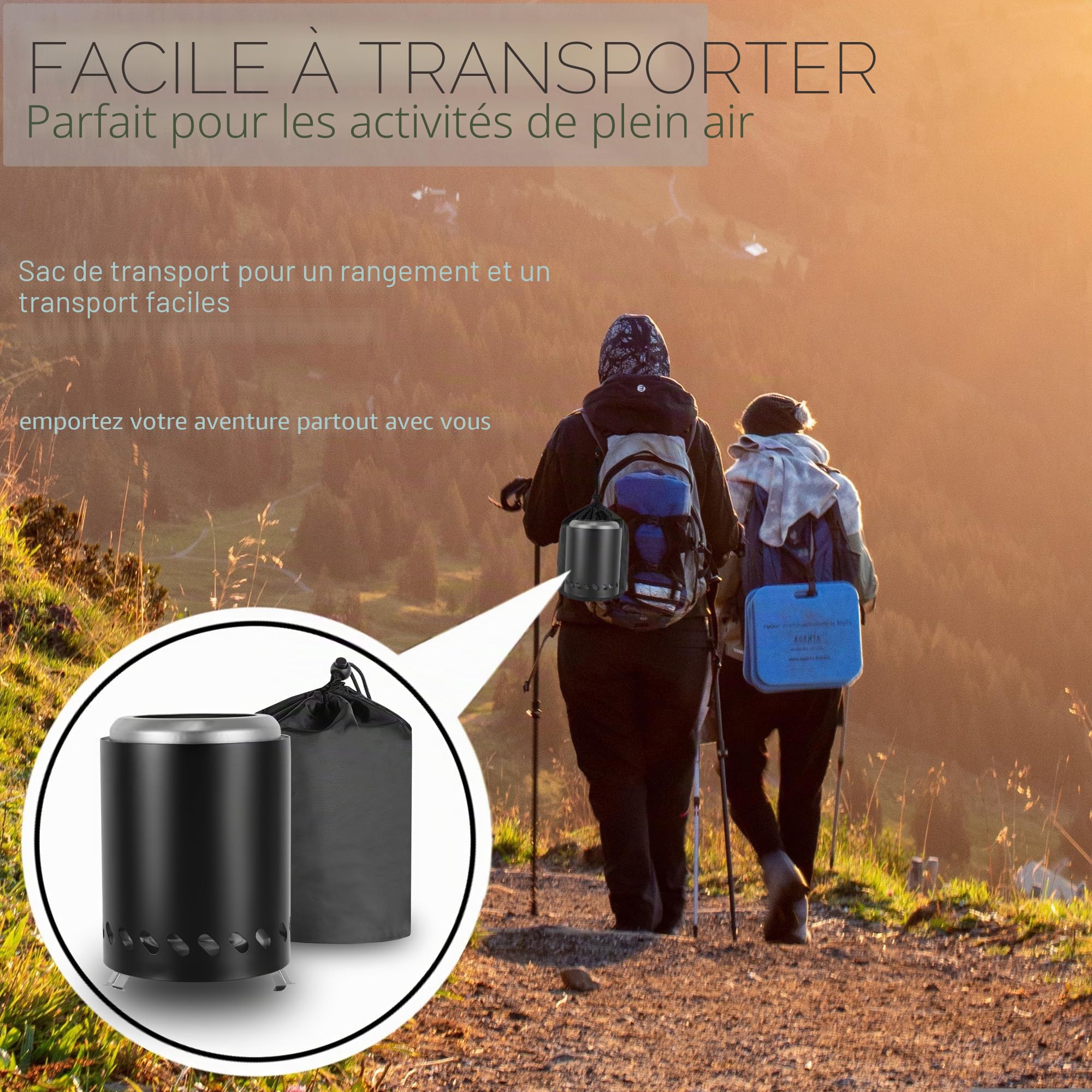 Cheminée portable en acier inoxydable pour le camping, fonctionne avec des granulés ou du bois, avec sac de transport, couleur noire