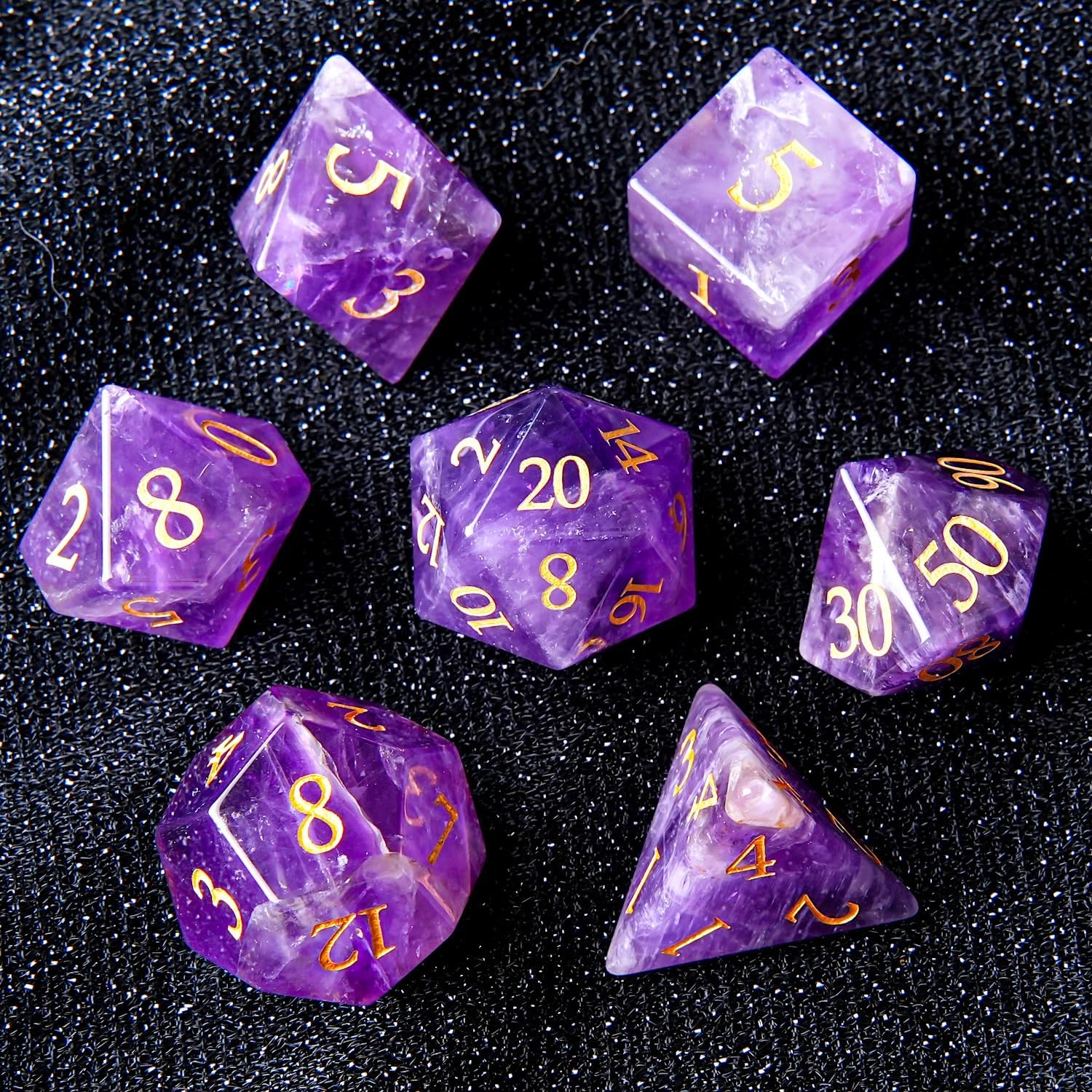 Amethyst Crystal DND Dice Set 7 PCS Gemstone Suitable for Dungeons and Dragons Dice for Polyhedral Dice for D & DRPG Games (Amethyst