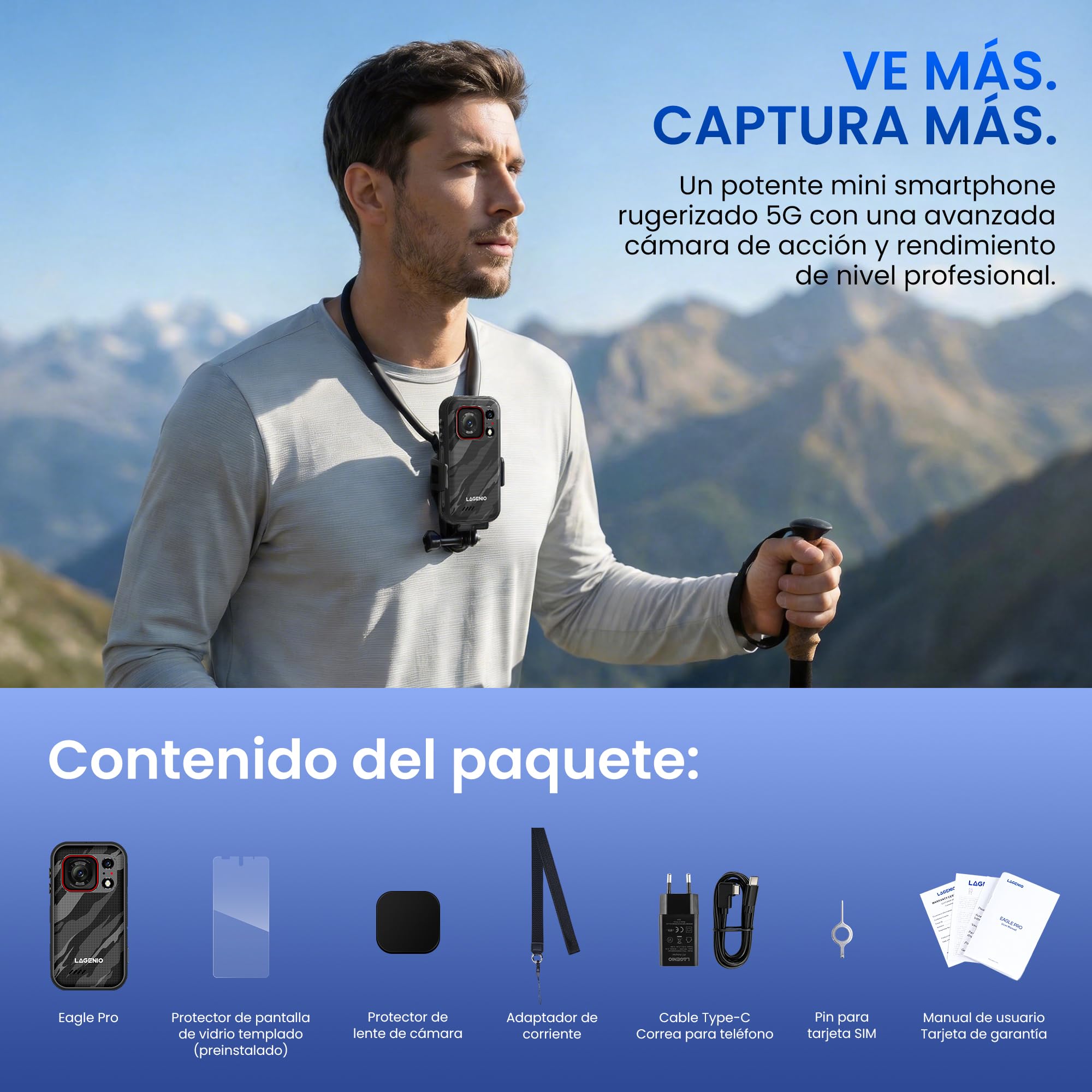 Eagle Pro Mini 5G Móvil Irrompible con Cámara de Acción 4K, Android 16, 32GB+256GB/1TB, Gran Angular 152,6°, Batería 4,5 h, Estabilización, Pantalla 4,0", Dual SIM 5G, NFC, Verde