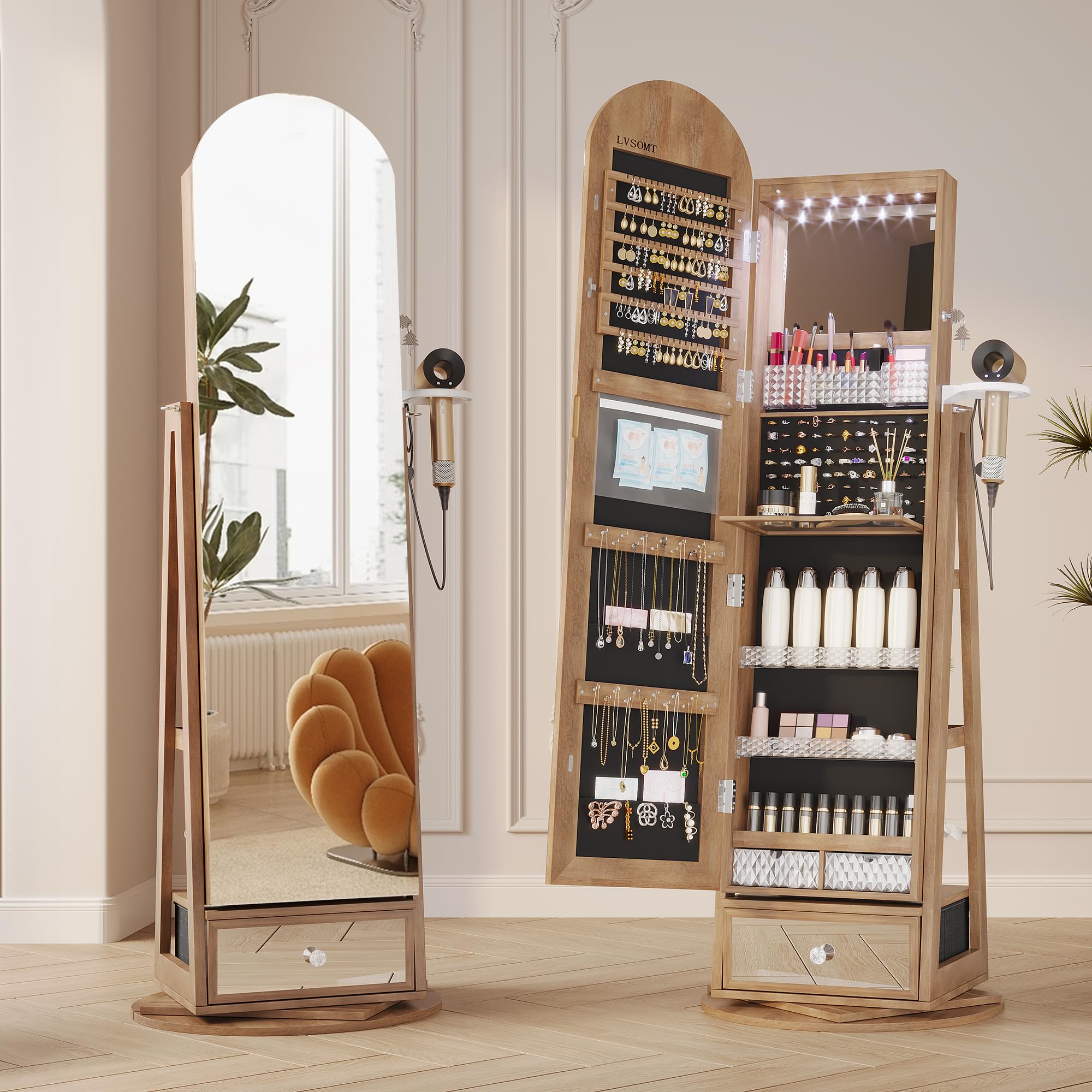 LVSOMT LED Armoire à bijoux avec Miroir Arqué, Rotative à 360 Armoire Bijoux Miroirs avec éclairage, Grande Arc Miroirs sur pied avec Rangement de bijoux, Miroir Bijoux Bois Verrouillable, Bois Marron