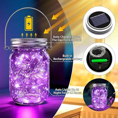 Vista 3 de ZNYCYE Luces solares en tarro de masón para exteriores, paquete de 12 30 luces LED de luciérnaga, tapas solares para exteriores impermeables