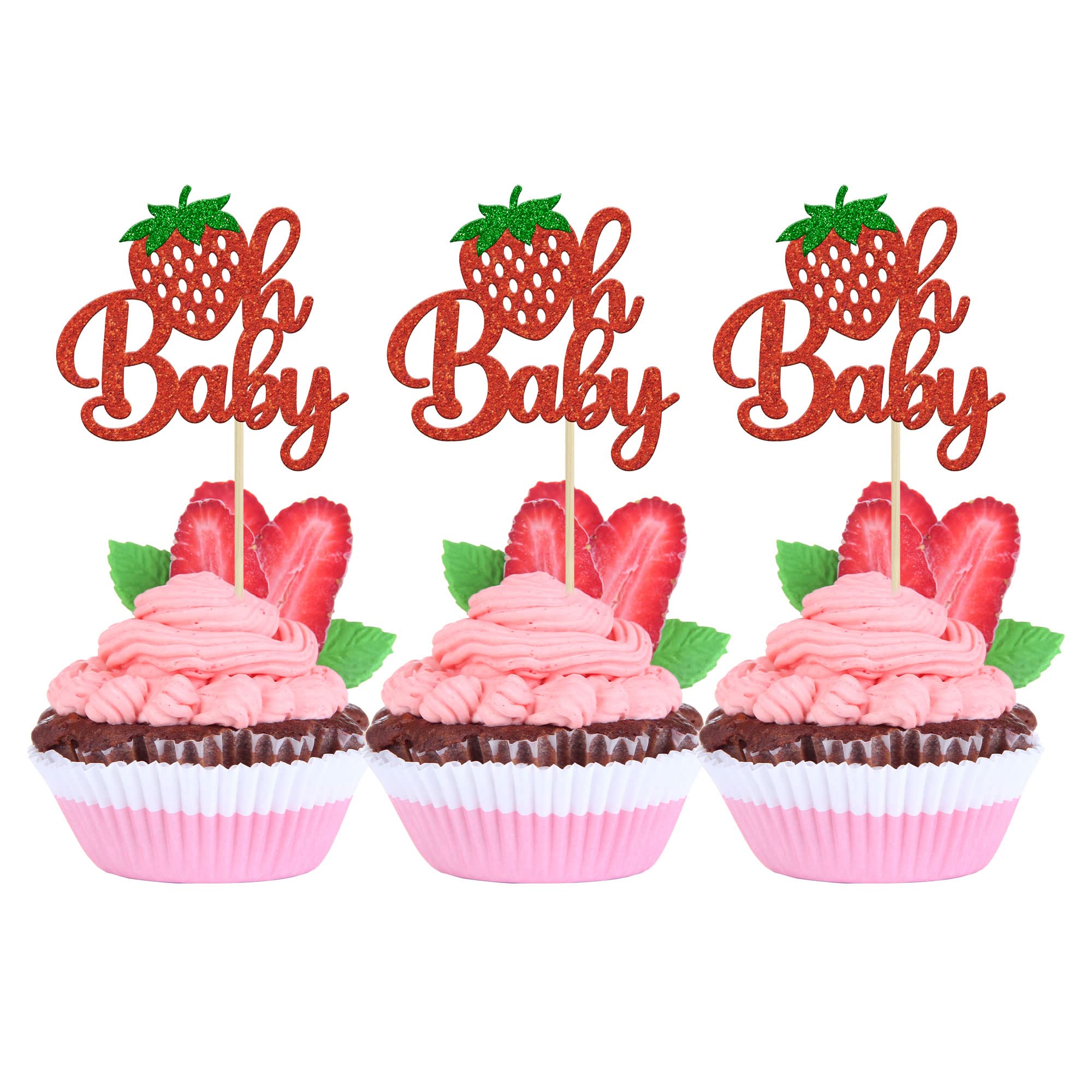 Gyufise 24Pcs Strawberry Oh Baby Cupcake Toppers Glitter Fruit Theme Oh Baby Strawberry Cupcake Picks for Gender Reveal Baby Shower Kids Boys Girls Birthday Party Cake Decorations Supplies