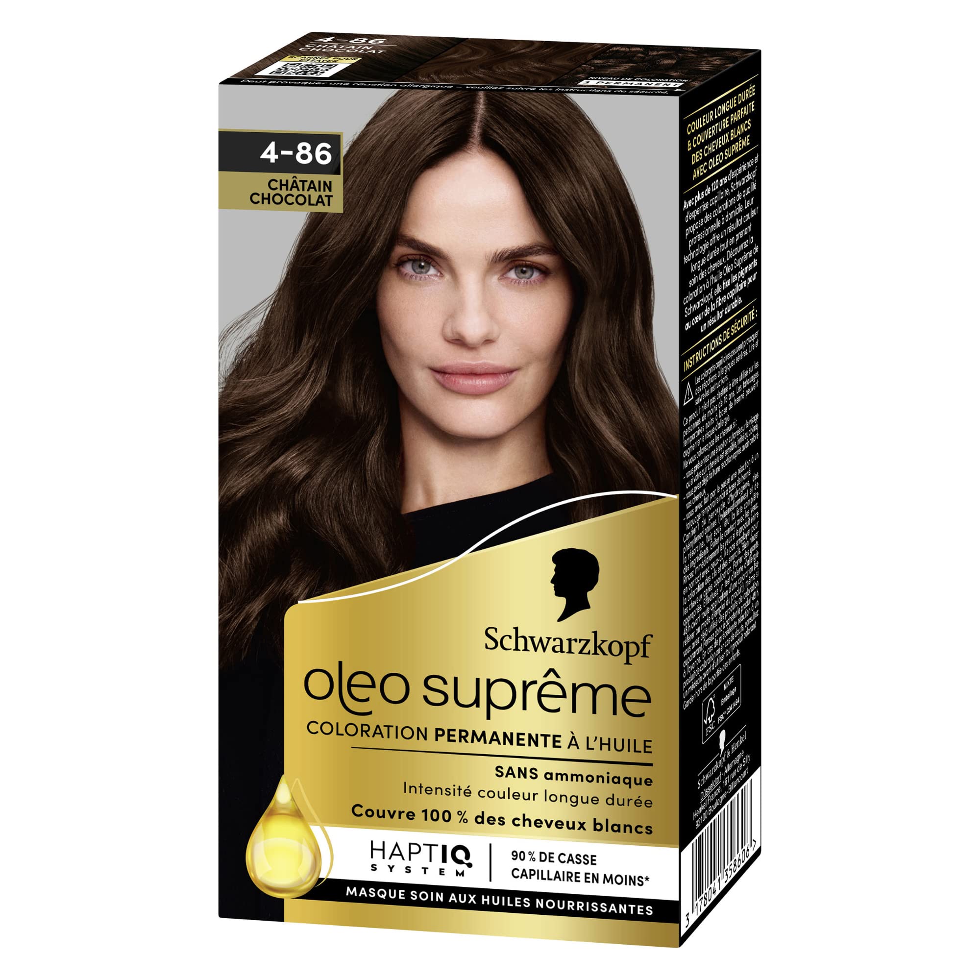Schwarzkopf Oléo Supreme – Chocolate – 4-86 – Tinte permanente con aceite – Sin amoniaco – Intensidad de color de larga duración – Cubre 100% canas – Sistema Haptiq System